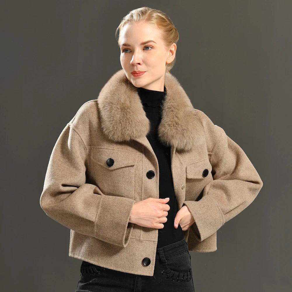 Luxury Women's Cashmere Wool Coat with Real Fur Collar - Winter Cropped Jacket, Full Sleeves & Pockets - Streetwear Outerwear for Cold Weather & Fashion Outings