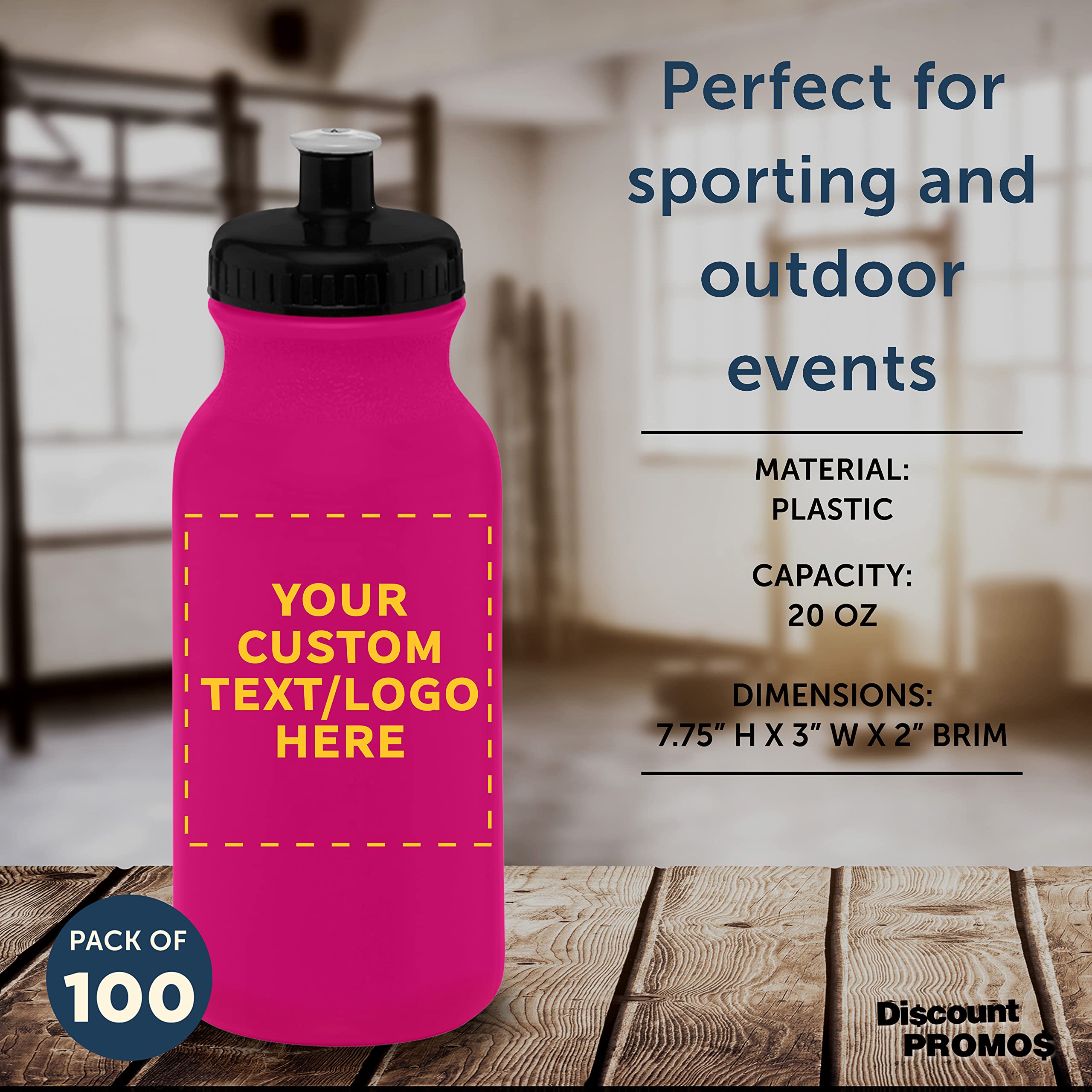 Custom 20 oz. Water Bottles with Push Cap - Bulk Pack of 100 Personalized Neon Pink Sports Bottles - Ideal for Gym, Hiking, Camping & Outdoor Activities - BPA Free Leakproof Design for Workouts, Travel & Sports Events
