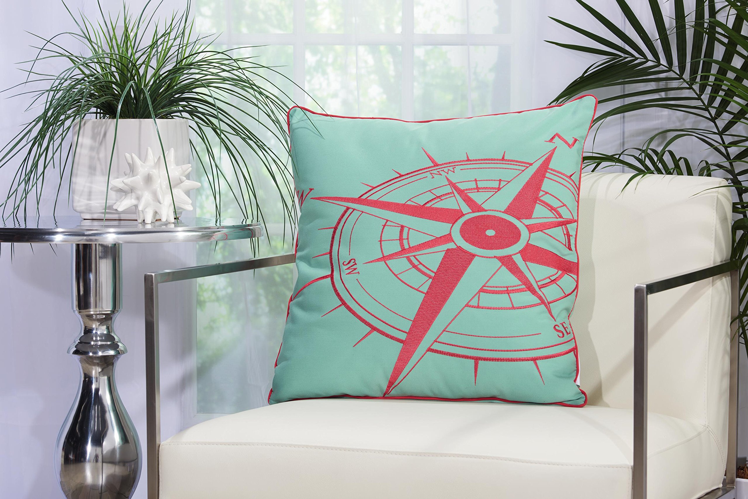 Premium Outdoor Throw Pillows Set of 2 - 20x20 Inch Waterproof Decorative Pillow Covers with Compass Design in Aqua & Coral - Perfect for Patio, Garden, Poolside, and Porch Decor