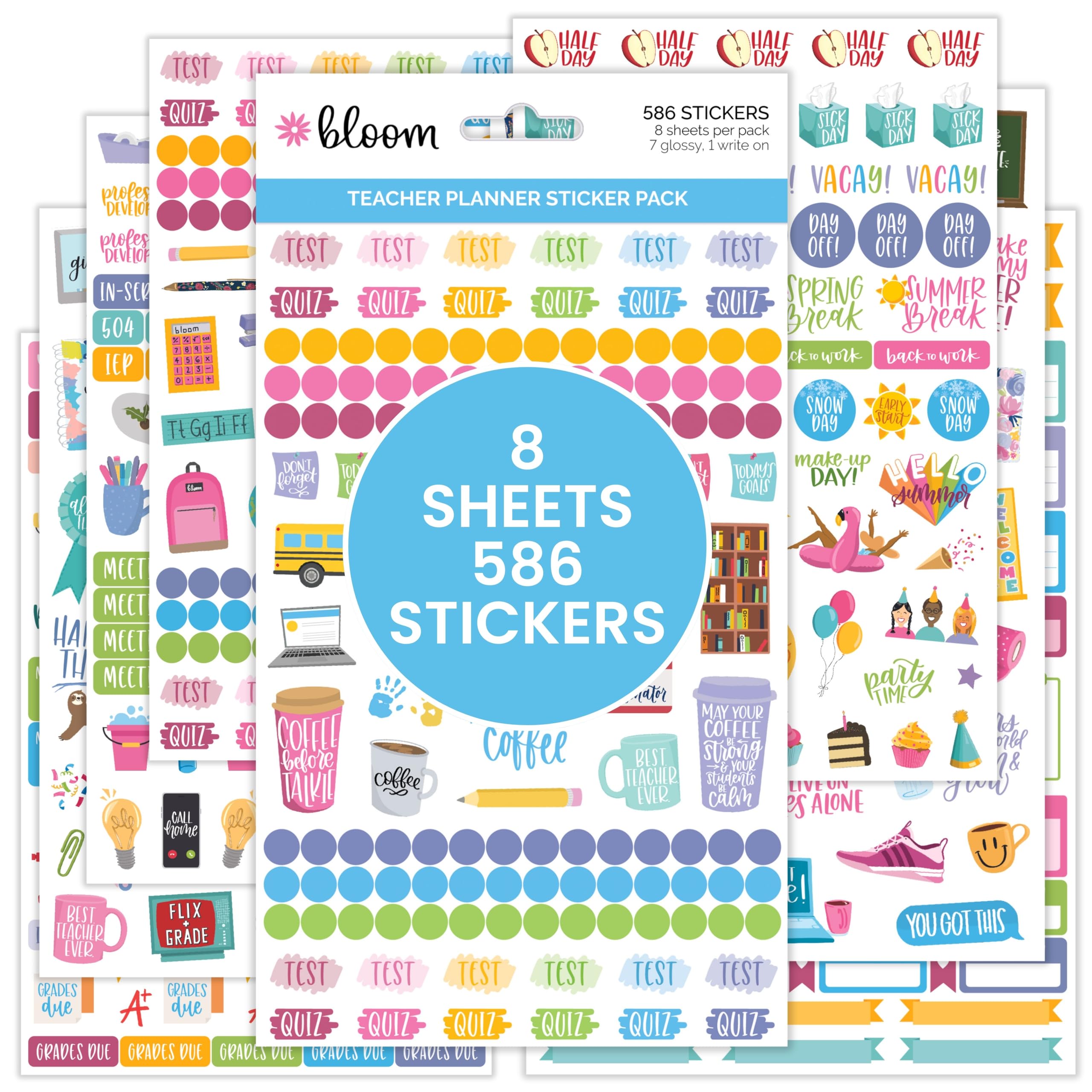 Bloom Daily Planners Teacher Sticker Pack - 586 School Themed Planning Stickers for Educators, Homeschool & Classroom Organization (8 Sheets) - Perfect for Lesson Plans, Grade Books & Teacher Planners