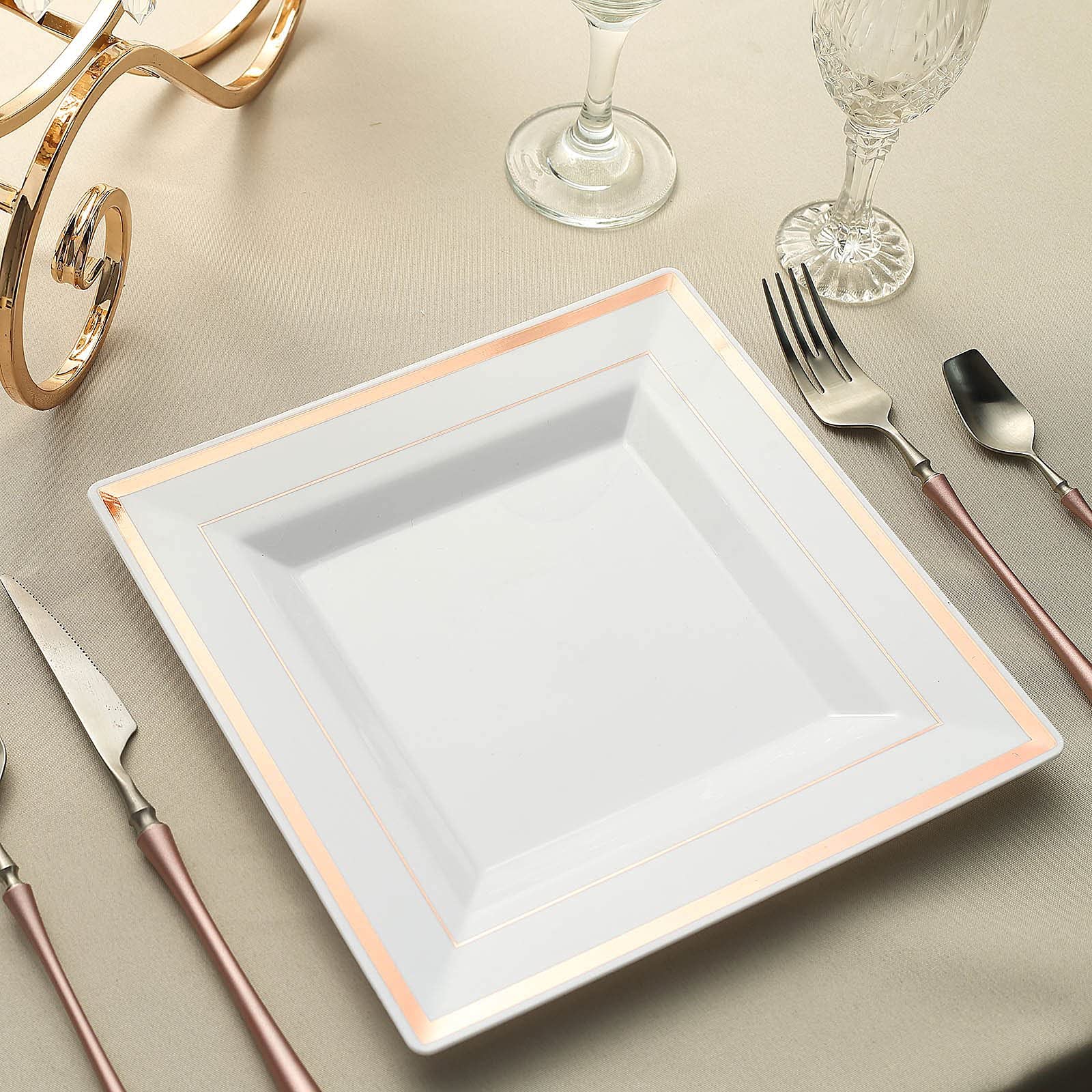 Efavormart 20-Pack 10 Inch White Square Disposable Plastic Plates with Shiny Rose Gold Rim - Elegant Salad & Dessert Plates for Weddings, Parties, and Special Events