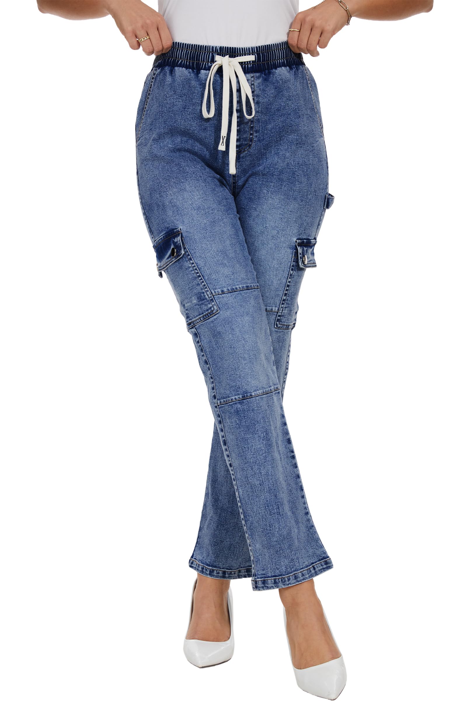 HVEPUO Women's Casual Straight Leg Cargo Pants - High Waisted Stretch Jeans with Multiple Pockets | Perfect for Work, Travel & Everyday Wear