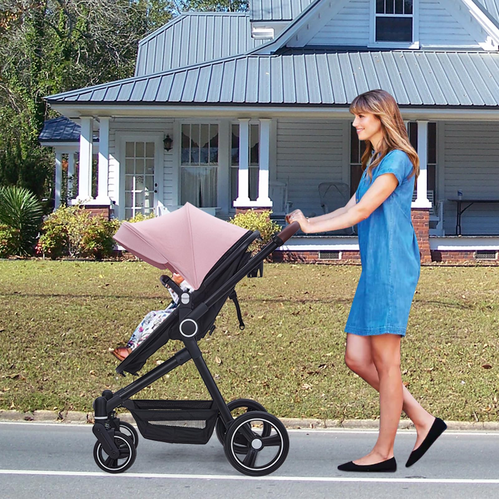 Convertible Baby Stroller with Bassinet Mode - Lightweight Foldable Aluminum Alloy Stroller for Newborns & Infants | Adjustable Reclining Seat & Shock Absorption | Perfect for Travel, Shopping & Outdoor Walks (Pink)