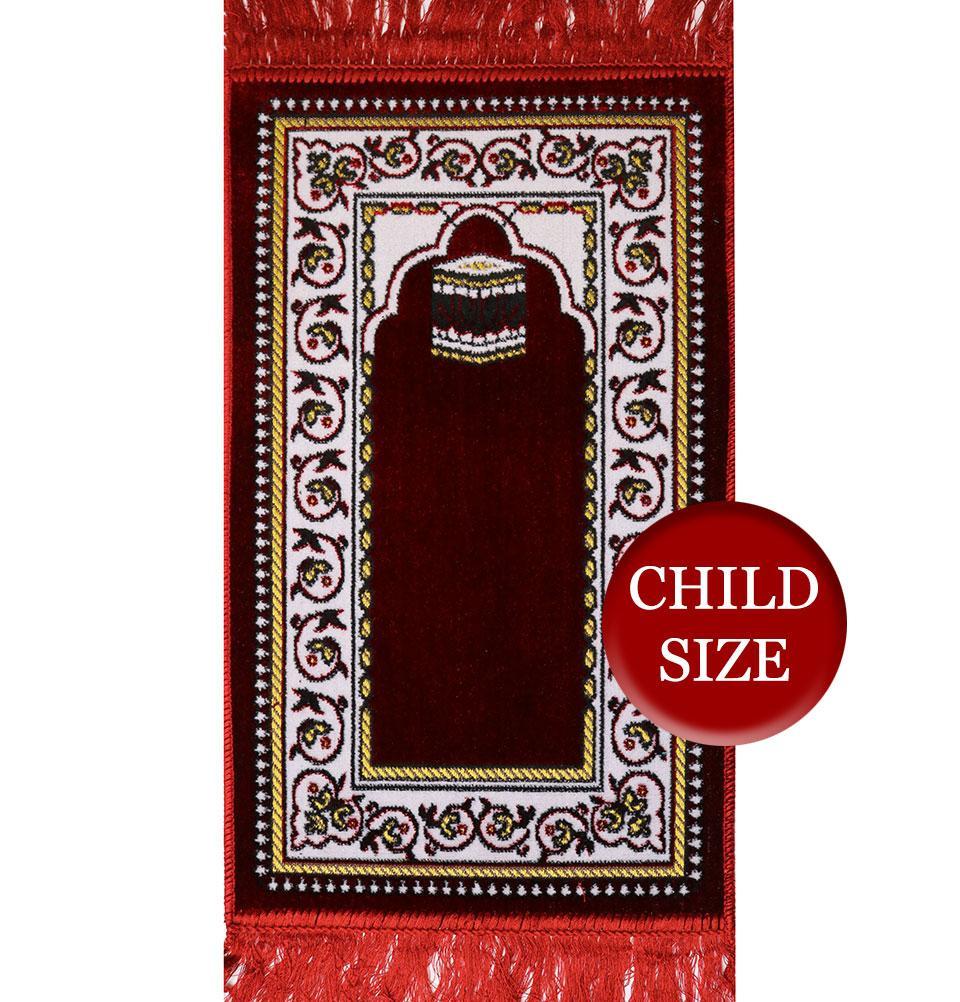 Premium Red Velvet Islamic Prayer Rug for Kids with Kaba Design - Perfect for Home, Mosque & Travel Prayer Needs