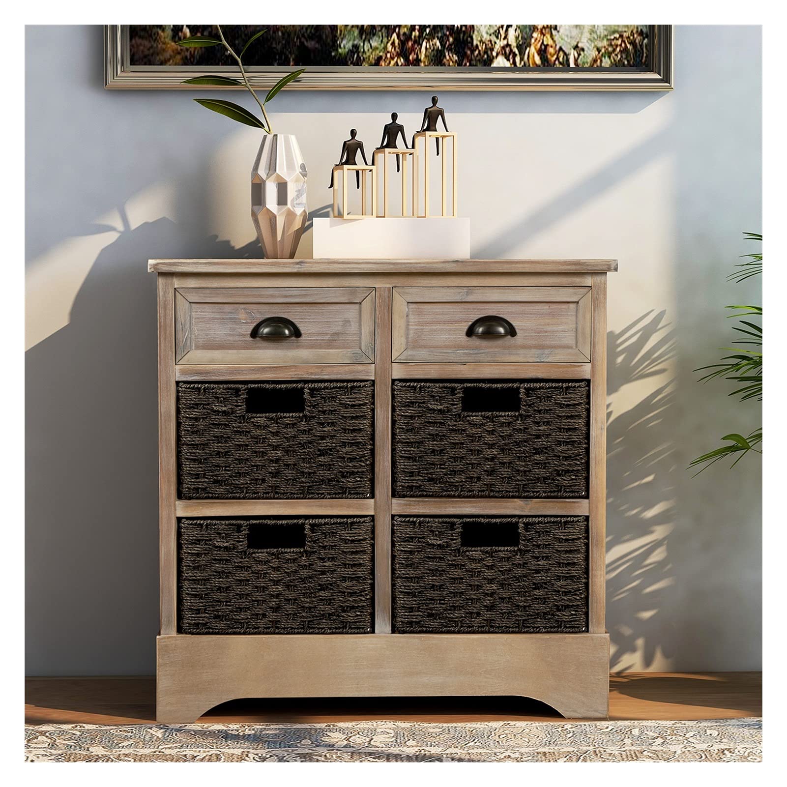 Acacia Wood Storage Cabinet with 2 Drawers & 4 Wicker Baskets - White Washed Rattan Organizer for Kitchen, Dining Room, Entryway or Living Room - Perfect for Storing Linens, Utensils & Home Decor