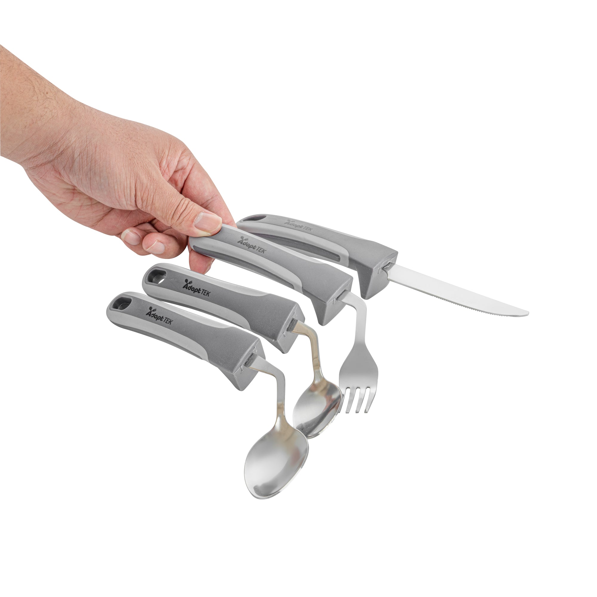Adapt Tek Gray Stainless Steel 4-Piece Adaptive Offset Utensil Set for Left-Handed Users - Lightweight, Non-Slip Grip (1 Count) - Ideal for Arthritis & Limited Mobility in Kitchen Cooking