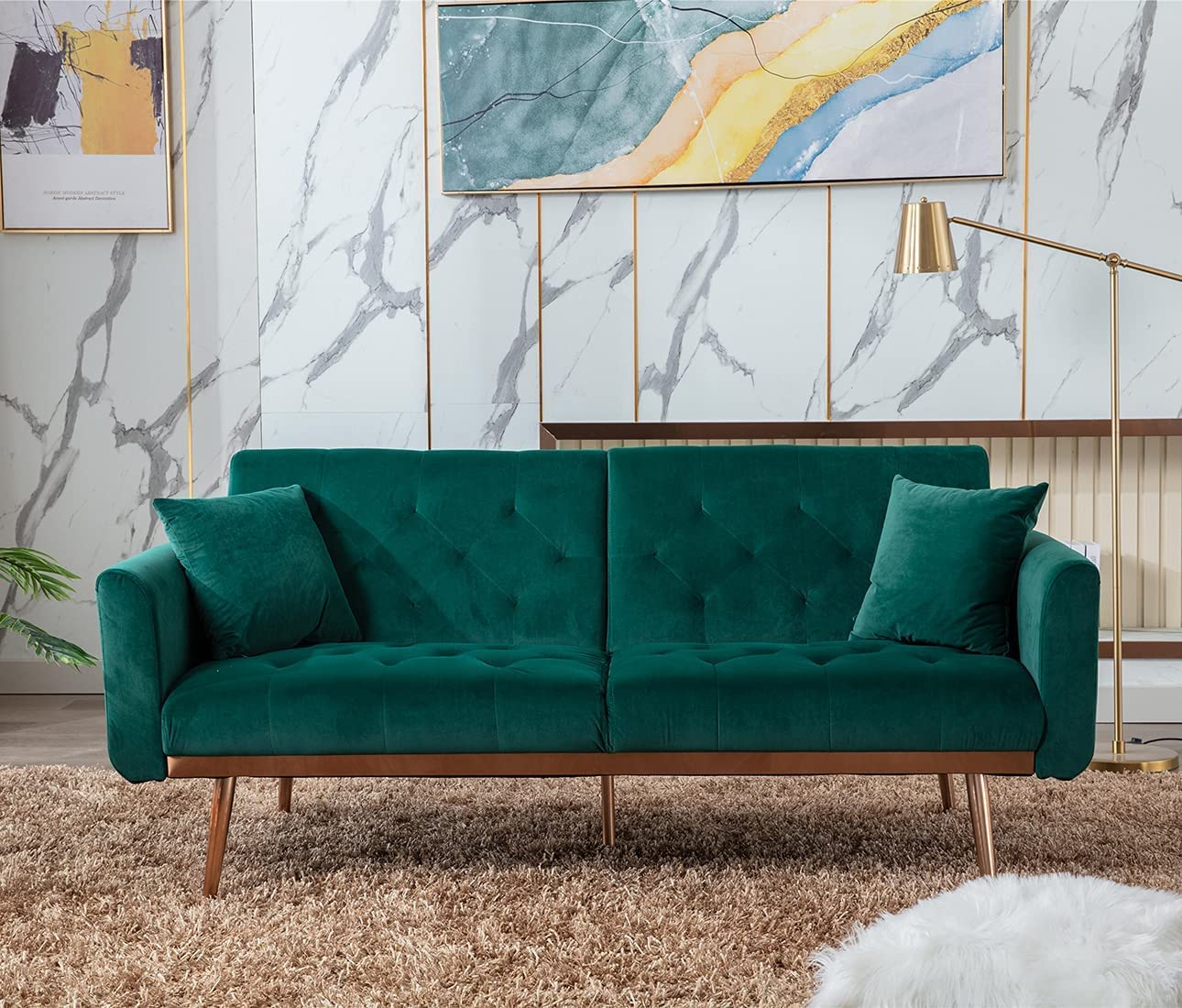 Modern Velvet Futon Sofa Bed with 5 Golden Metal Legs - Convertible Sleeper Couch with 2 Pillows - Green Velvet Loveseat for Small Spaces - Perfect for Living Room, Bedroom & Guest Room