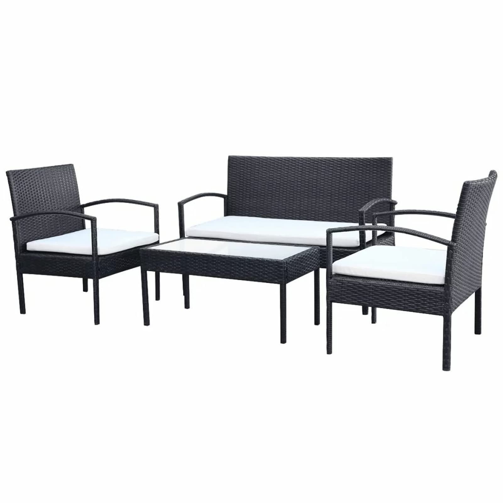 Premium 4-Piece Patio Lounge Set - Cream White Cushioned 2-Seater Sofa with 2 Armchairs & Coffee Table - Black Poly Rattan Outdoor Furniture for Backyard, Garden, Poolside Relaxation & Entertaining