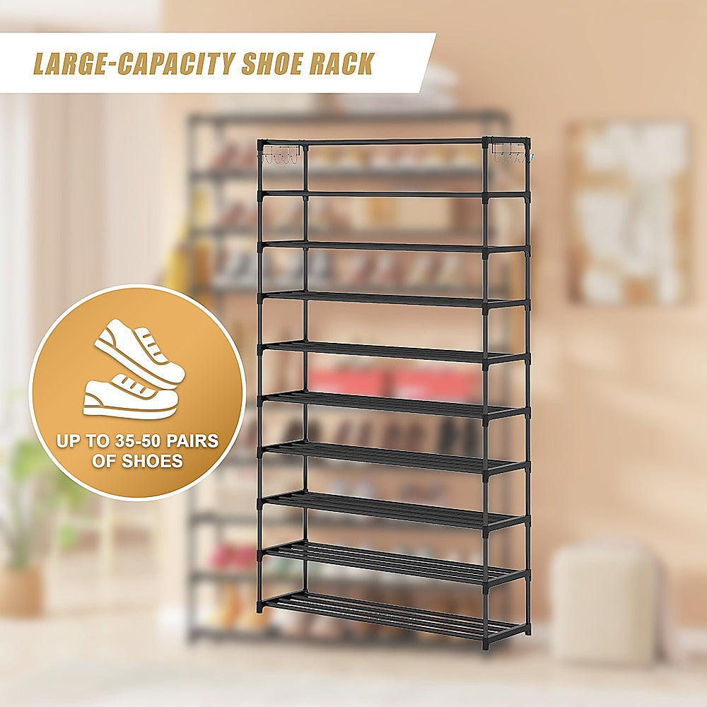 10-Tier Black Metal Shoe Rack Organizer - Large Capacity Storage for 50 Pairs of Shoes - Perfect for Closet, Entryway, and Bedroom Organization