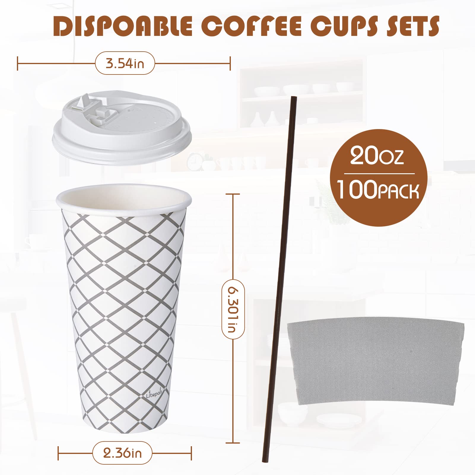 LITOPAK 100-Pack 20 oz Disposable Paper Coffee Cups with Lids, Sleeves & Straws - 4 Stylish Designs for Hot/Cold Beverages - Perfect for Home, Office, Cafe, Restaurant, and Takeout Services