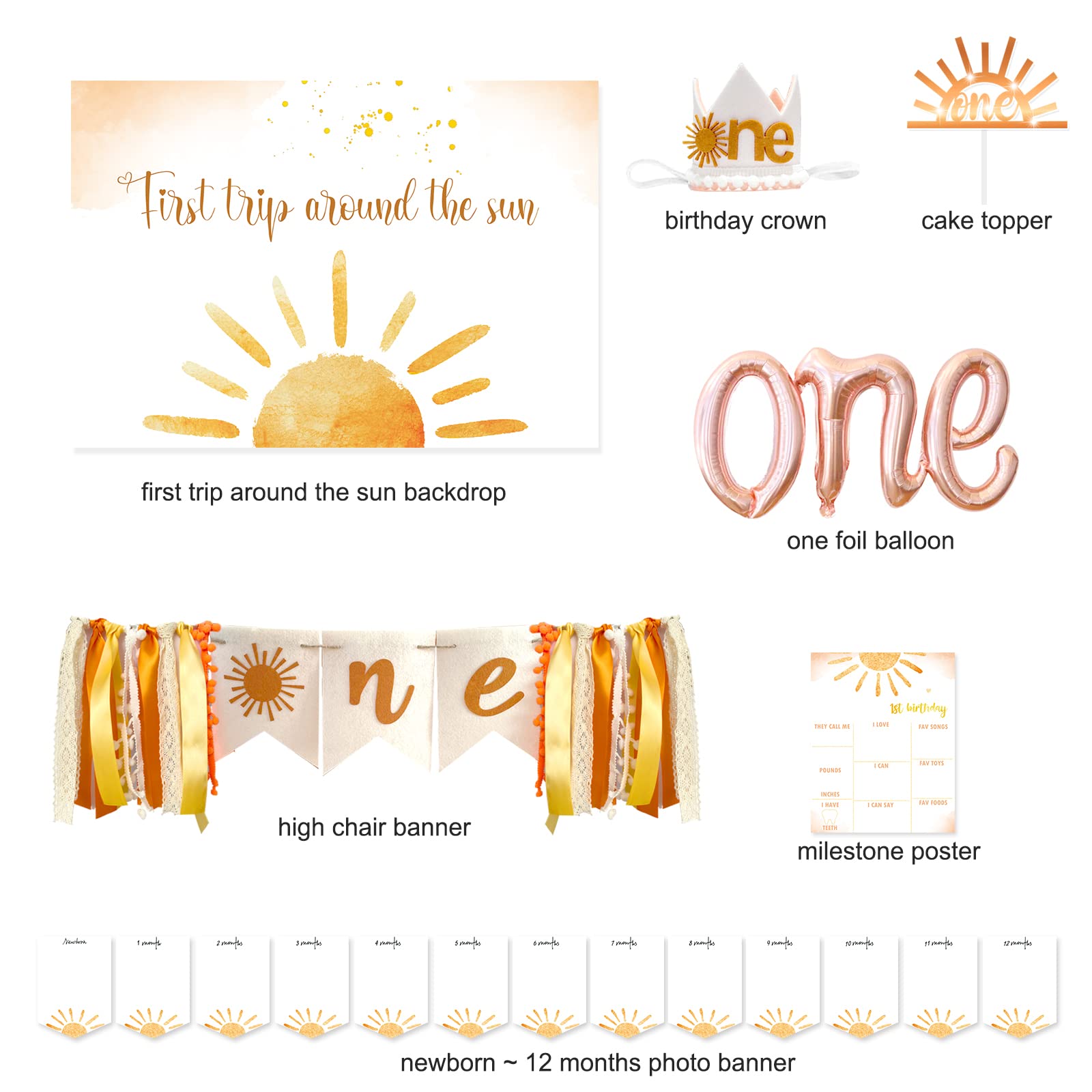 First Birthday Boho Backdrop & Decorations - Sun Theme Party Supplies for 1st Birthday Celebrations, Baby Showers & Photoshoots
