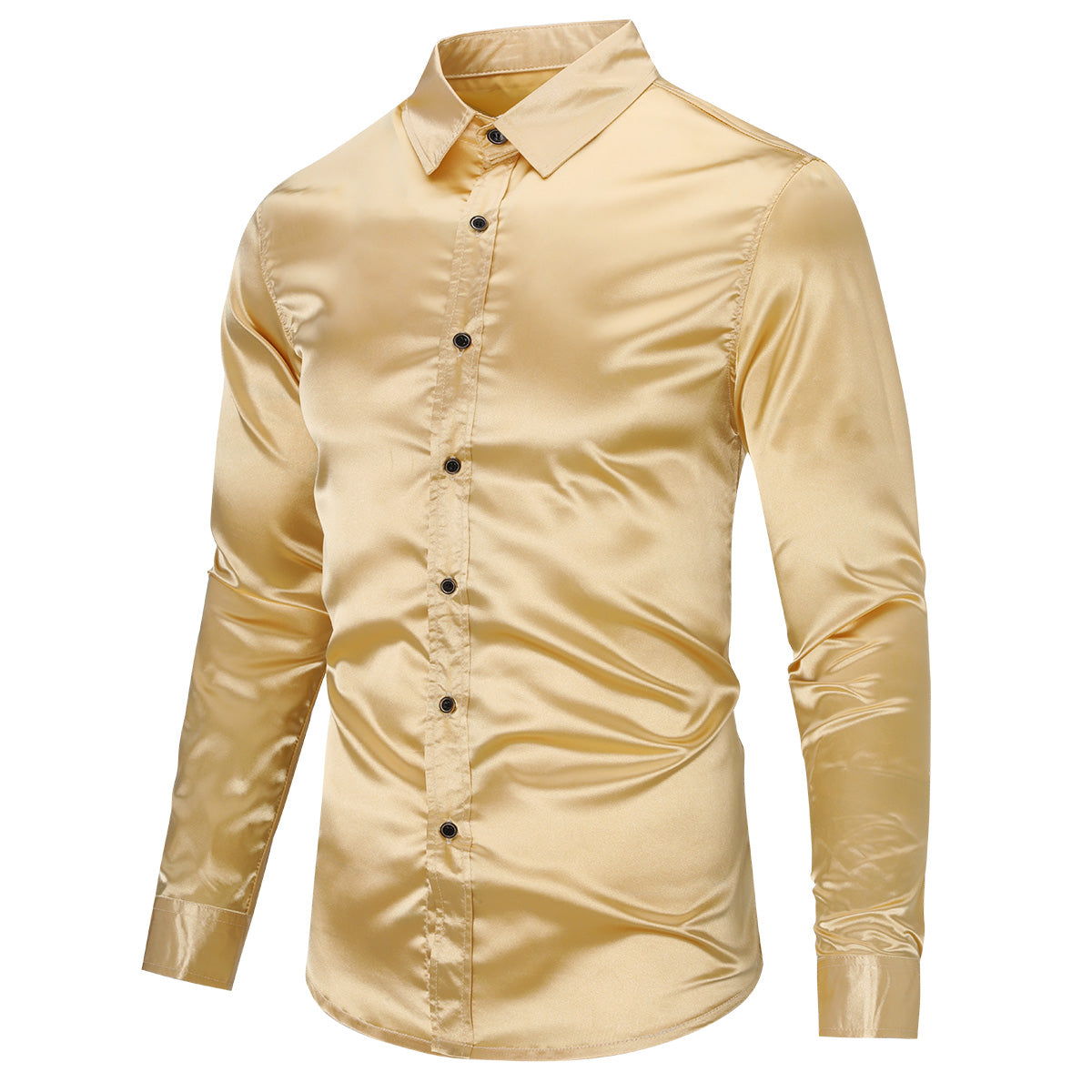 Stylish Gold Shiny Long Sleeve Lapel Dress Shirt for Men - Perfect for Business Casual, Parties & Date Nights