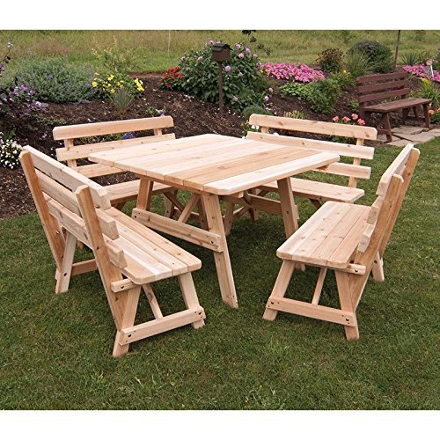 A & L Furniture 302C-RS Redwood Stain Square Dining Table with 4 Backed Benches & Umbrella Hole - Outdoor Patio, Garden, Backyard Furniture Set for Entertaining