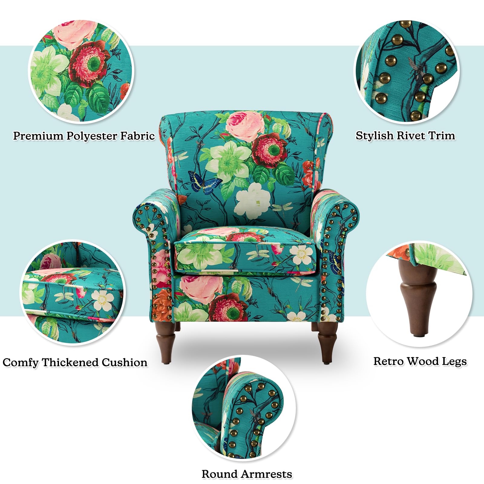 HULALA HOME Modern Wingback Accent Chairs Set of 2 with Wood Legs & Removable Cushion, Comfortable Upholstered Armchairs with Nailhead Trim, Floral Pattern Living Room Bedroom Sofa Chairs in Blue - Perfect for Lounge, Reading Nook, and Guest Seating