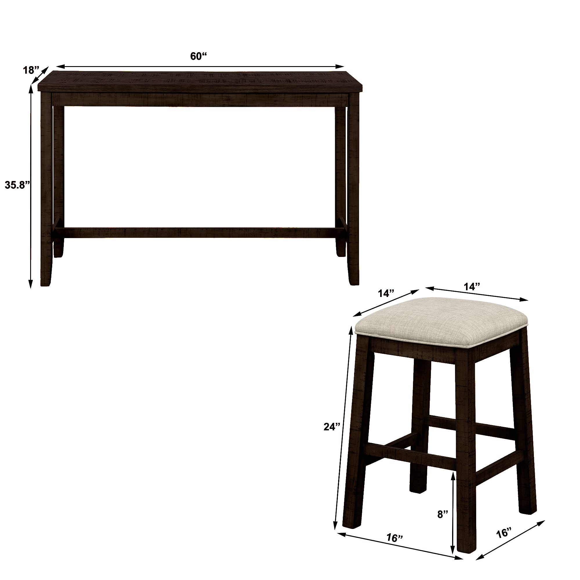 4-Piece Counter Height Dining Table Set with USB Socket & Fabric Padded Stools - Rustic Brown Bar Height Table for Kitchen, Breakfast Nook, Home Office or Small Space Dining - Perfect for Eating, Working & Studying