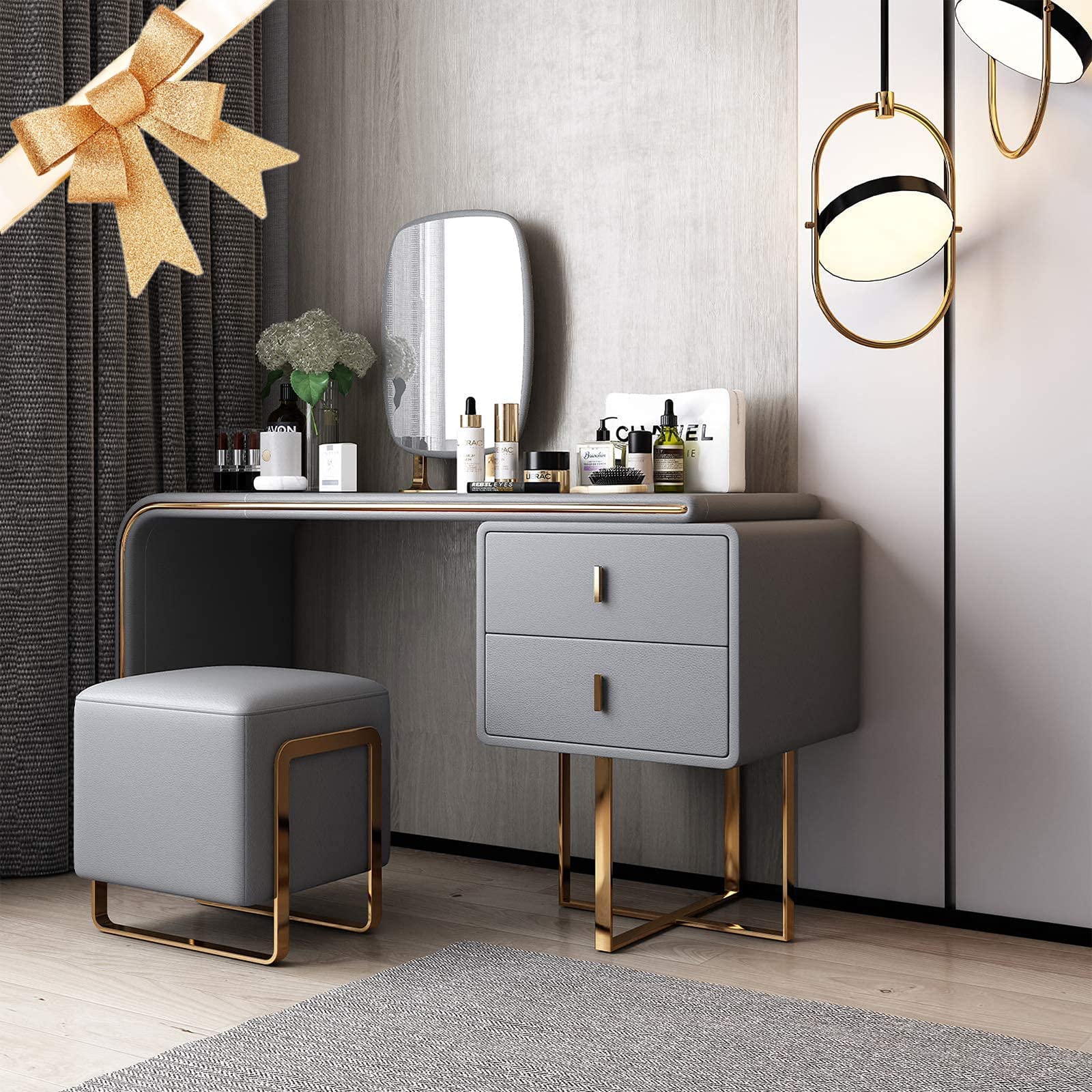 FUKAYI Vanity Table Set with Mirror & Stool - Golden Grey Dressing Desk for Women | Bedroom Makeup Station