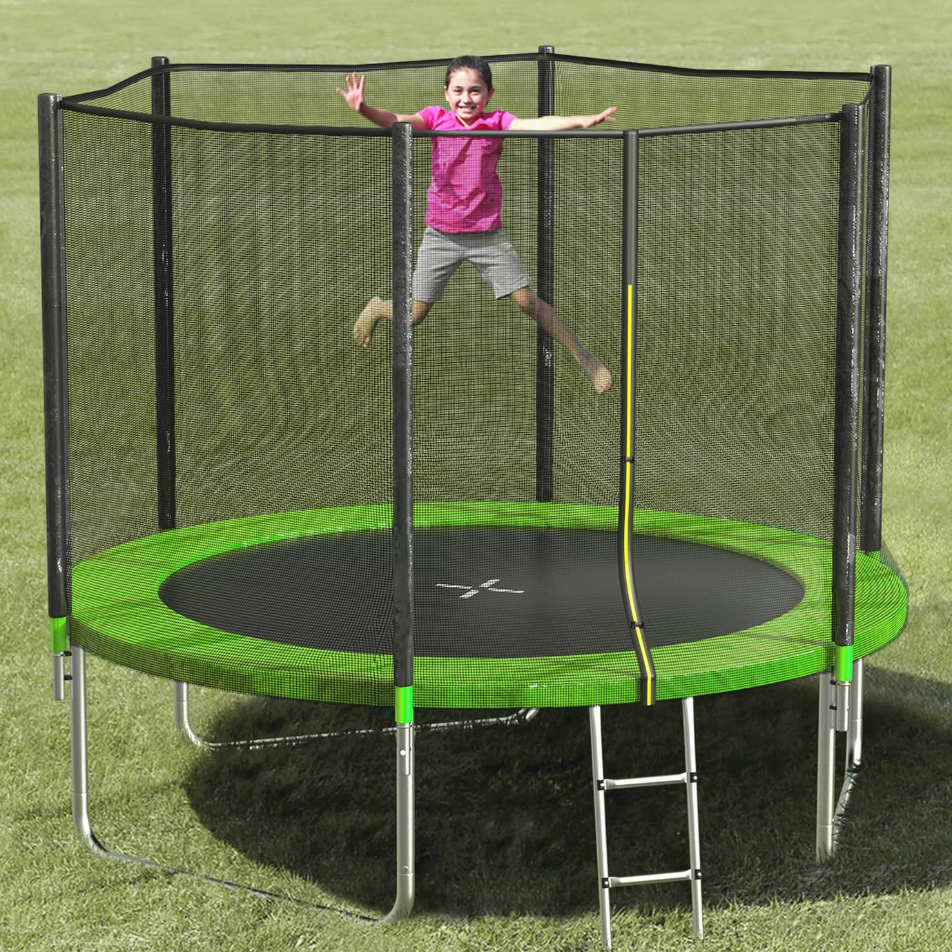 SKOK 8FT 10FT 12FT 14FT 15FT Outdoor Trampoline with Safety Enclosure Net - 400LBS Weight Capacity, ASTM Approved for Kids & Adults - Includes Basketball Hoop & Ladder - Perfect for Backyard Fun, Exercise & Family Bonding