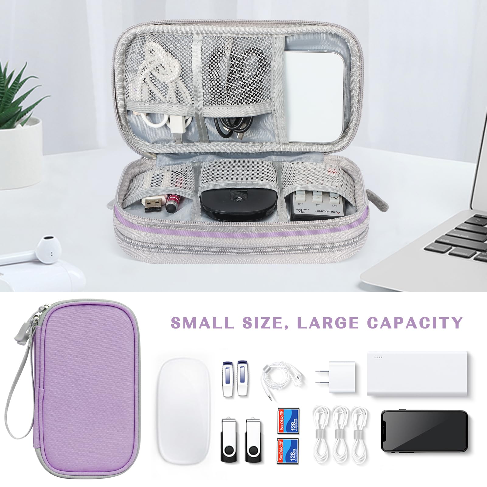 FYY Travel Cable Organizer - Waterproof Double Layer Pouch for Chargers & Cords - Light Purple | Perfect for Travel & Office