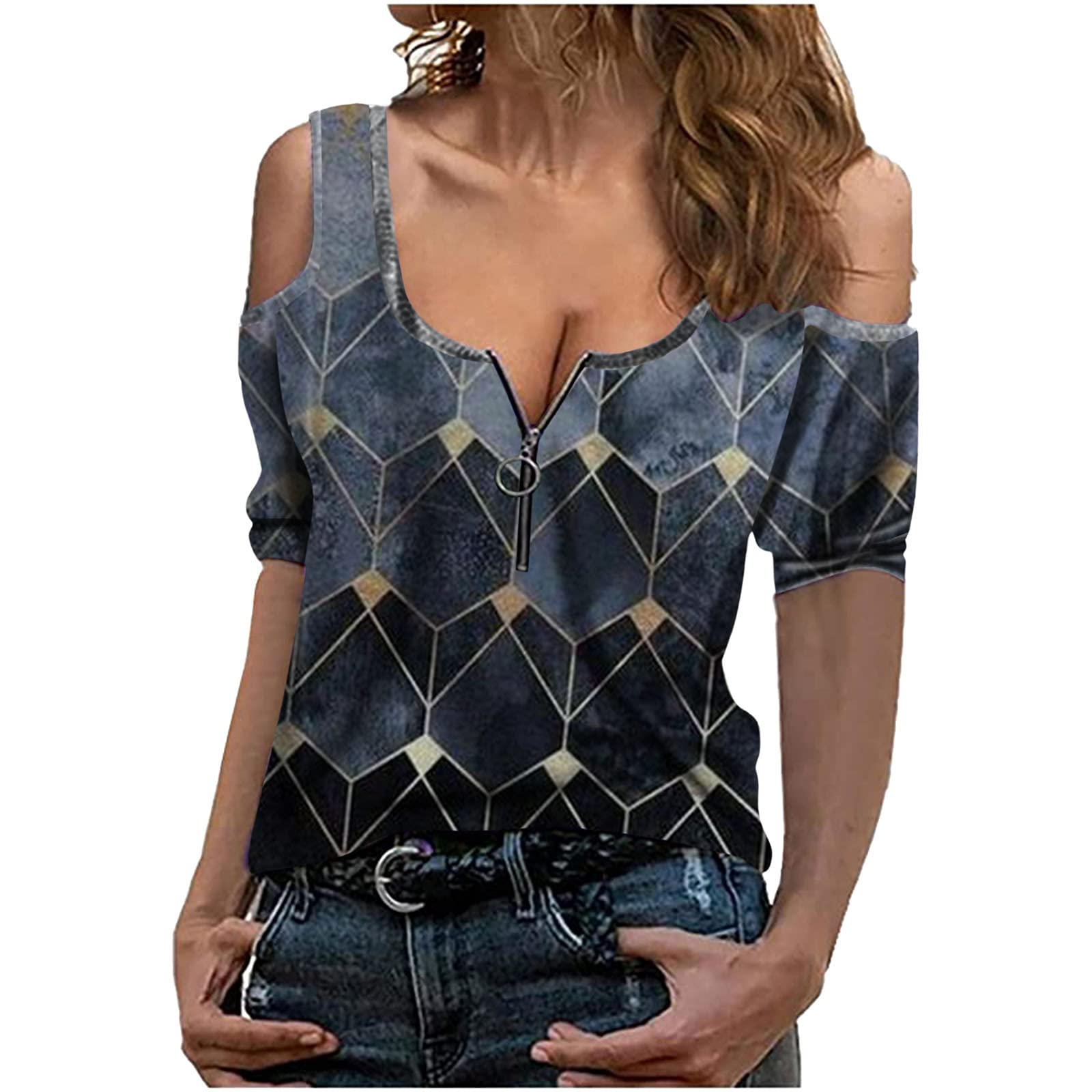 Women's Fashion Geometric Print Button-Up Short Sleeve Casual Blouse T-Shirt - Perfect for Everyday Wear, Office Outfits & Weekend Casual Style