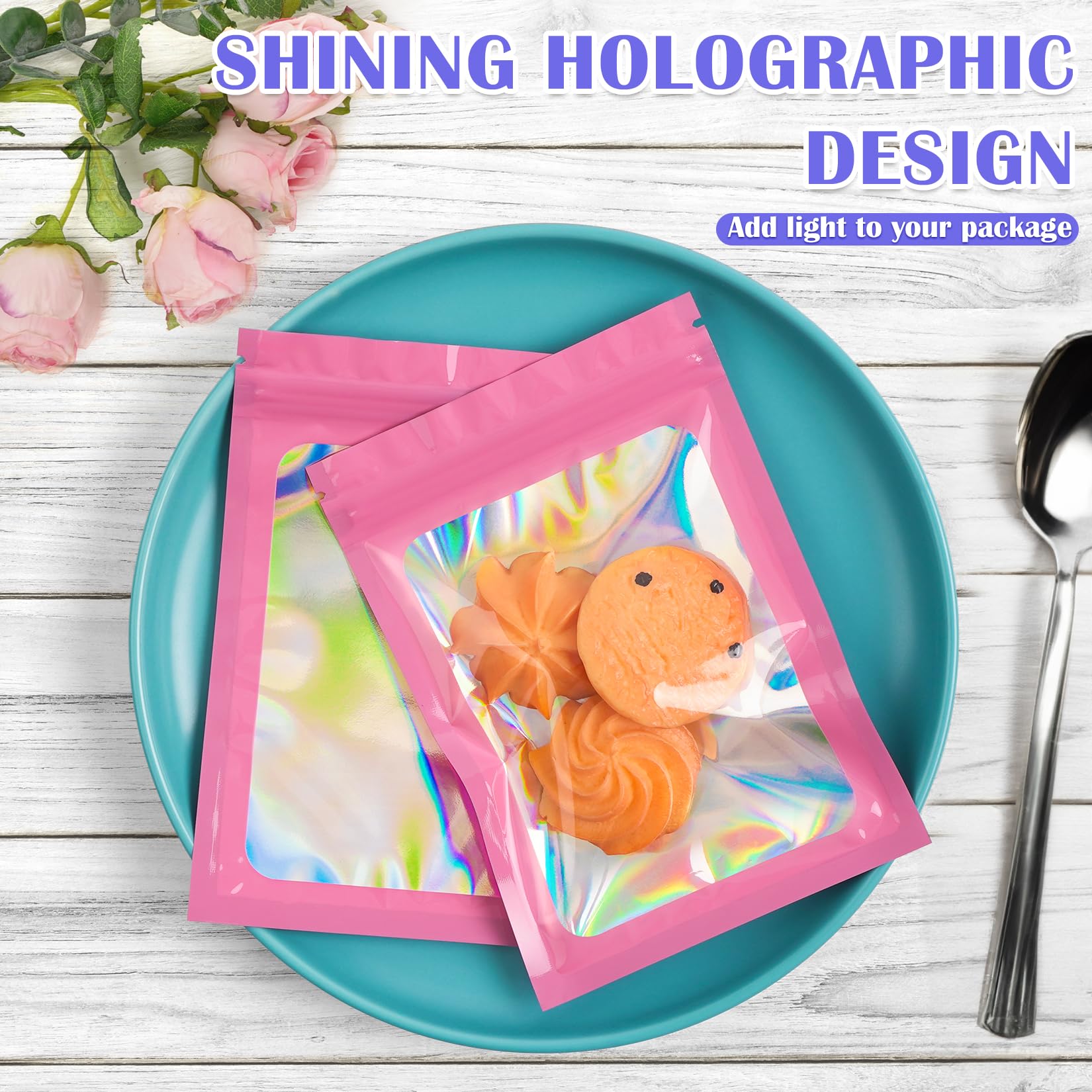 100 PCS Pink Holographic Mylar Bags - Smell Proof & Resealable Food Storage Bags (2.8x3.9in) - Airtight Packaging for Jewelry, Bracelets, Snacks & Small Business Use - Perfect for Organizing, Gifting & Retail Display