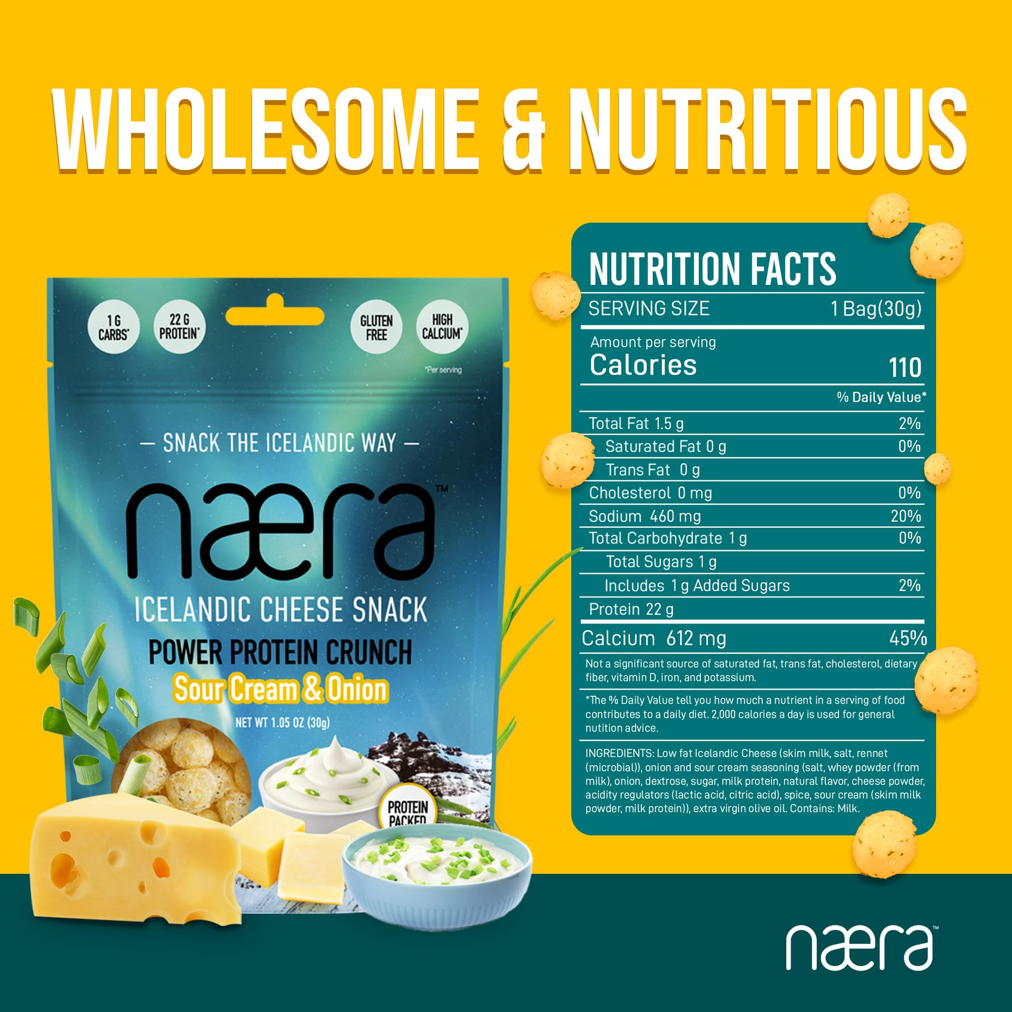 Næra Icelandic - 5-Pack Sour Cream & Onion 100% Cheese Protein Snacks | Keto, Gluten-Free, High Protein, All-Natural | Crunchy Power Snack for Adults & Kids (1.05 oz Each) | Perfect for On-the-Go, School Lunches & Low-Carb Diet