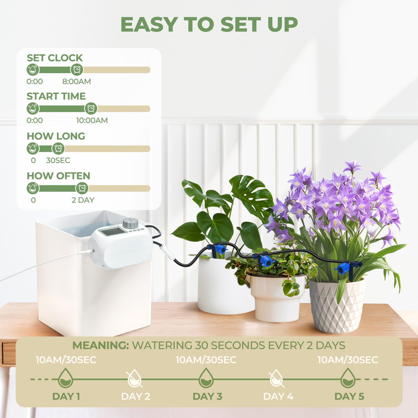 HIRALIY Automatic Indoor Potted Plant Drip Irrigation Kit with Timer - USB & Battery Powered, Pressure Compensating Drippers for Home Garden, Greenhouse & Balcony Plants
