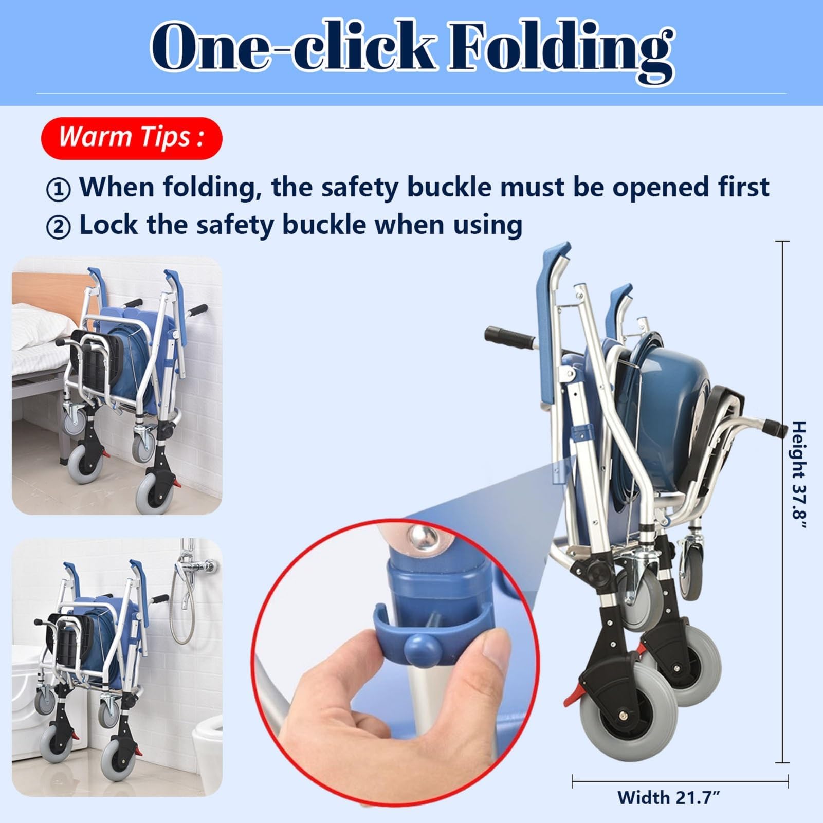 4-in-1 Folding Shower Commode Chair with Locking Wheels & Removable Bucket - Adjustable Height Mobile Toilet Chair for Elderly & Disabled - Ideal for Bathroom Safety, Post-Surgery Recovery & Home Care Use