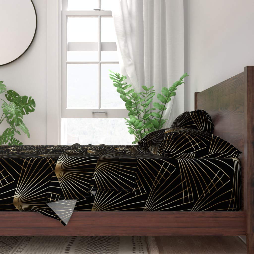 Premium 100% Cotton Twin Sheet Set - Black Art Deco Abstract Leaves Print | Soft Breathable Bedding for Home & Guest Room | 3pc Set with Pillowcases