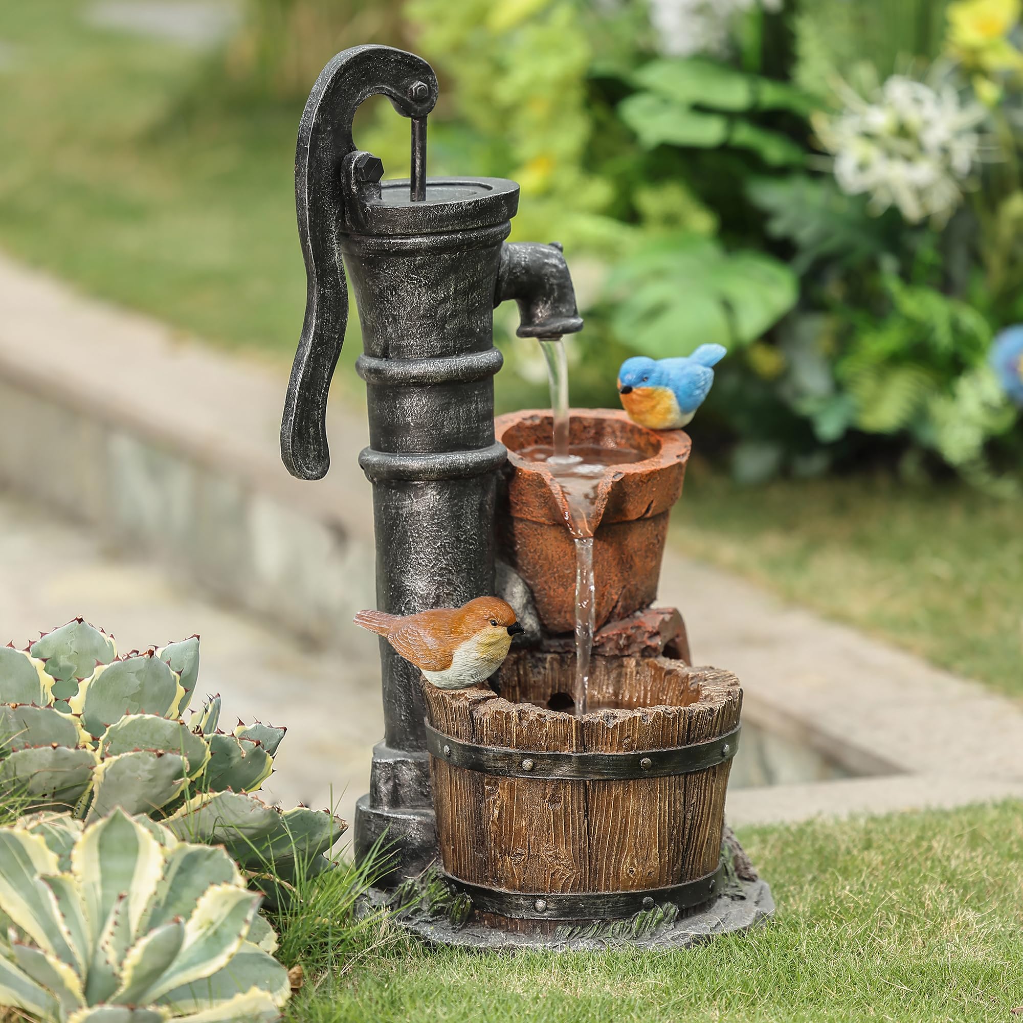 LuxenHome Resin Barrel Outdoor Water Fountain with Birds & Water Pump - 25