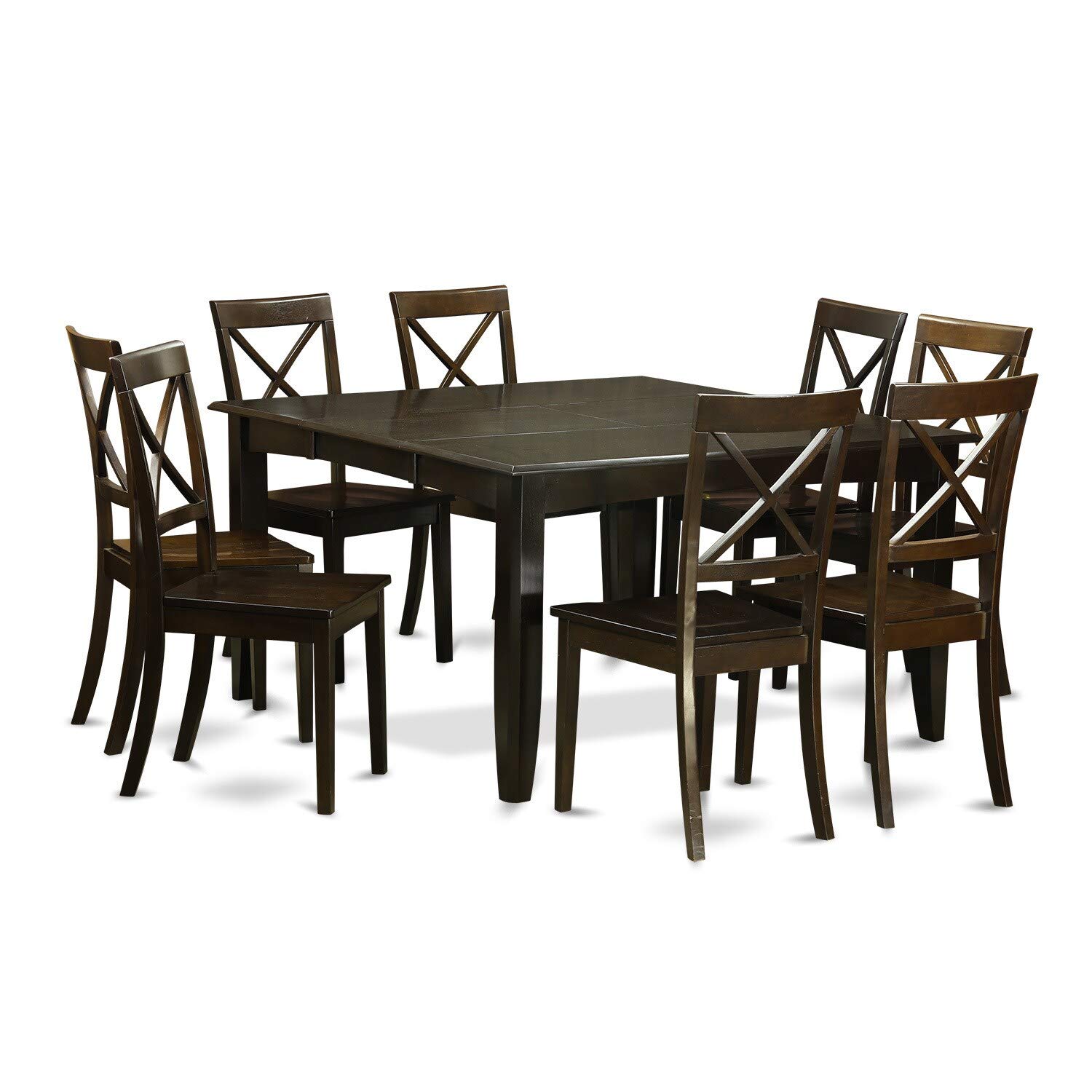 Modern Black Finish Solid Rubberwood 9-Piece Dining Set with Square Parfait Table & 8 Boston Chairs | Cappuccino Butterfly Leaf Extension | Contemporary Dining Room Furniture for Family Gatherings & Dinner Parties