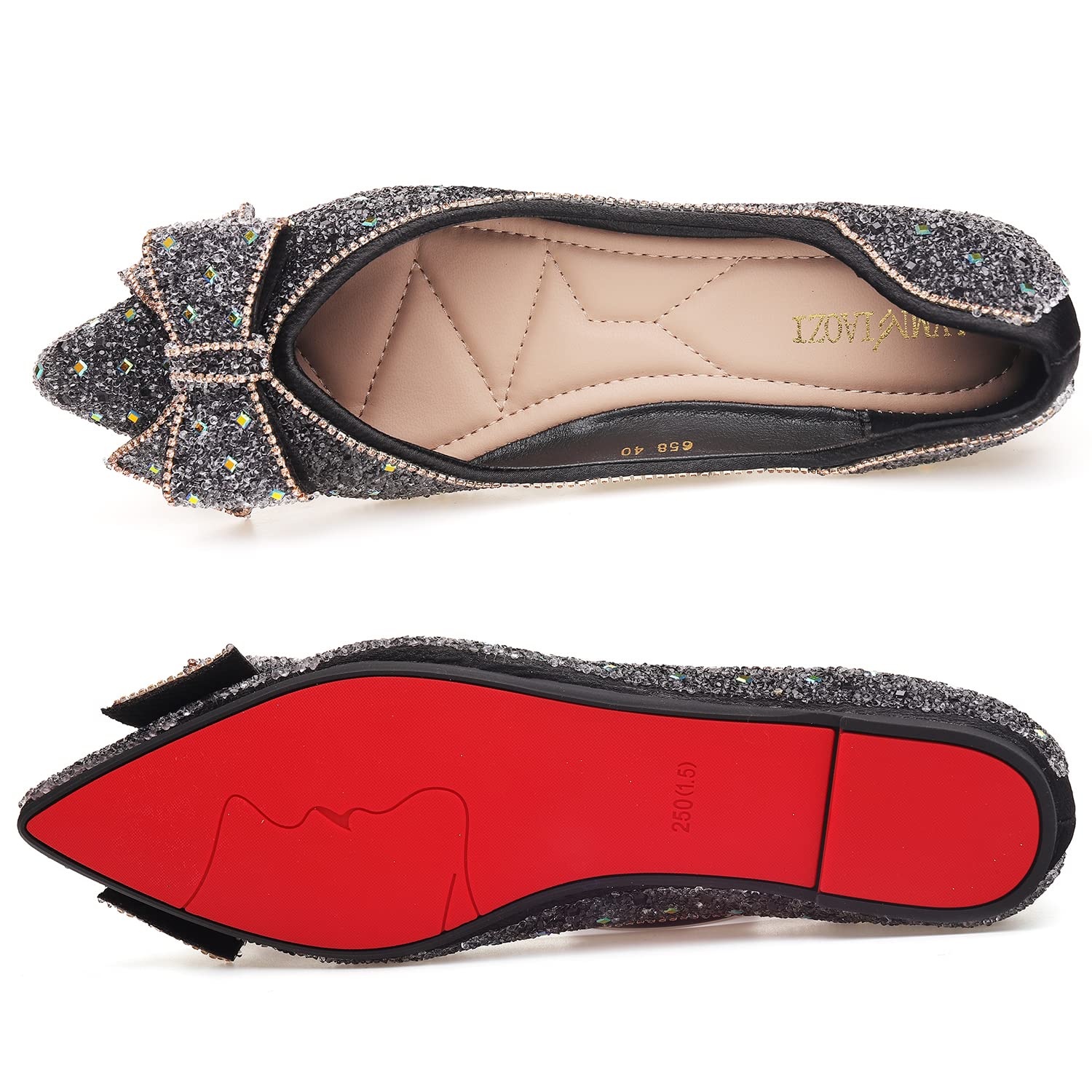 Sparkly Rhinestone Pointed Toe Ballet Flats for Women - Glitter Flower Wedding Dress Shoes Comfortable for Bridal Party, Prom & Evening Events