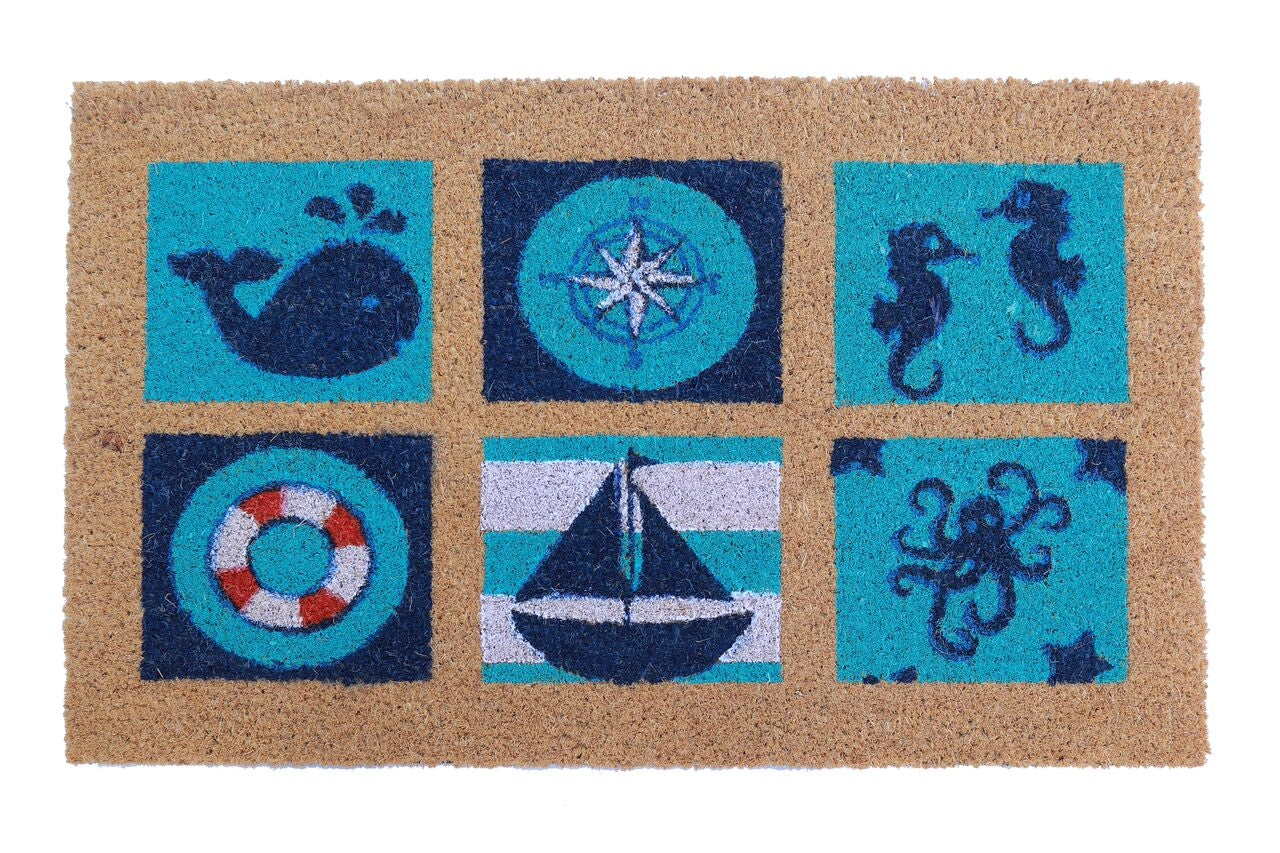 Sea Life Vinyl Coir Doormat - Non-Slip Waterproof Entryway Rug for Beach House, Coastal Decor, Front Door, Porch & Patio