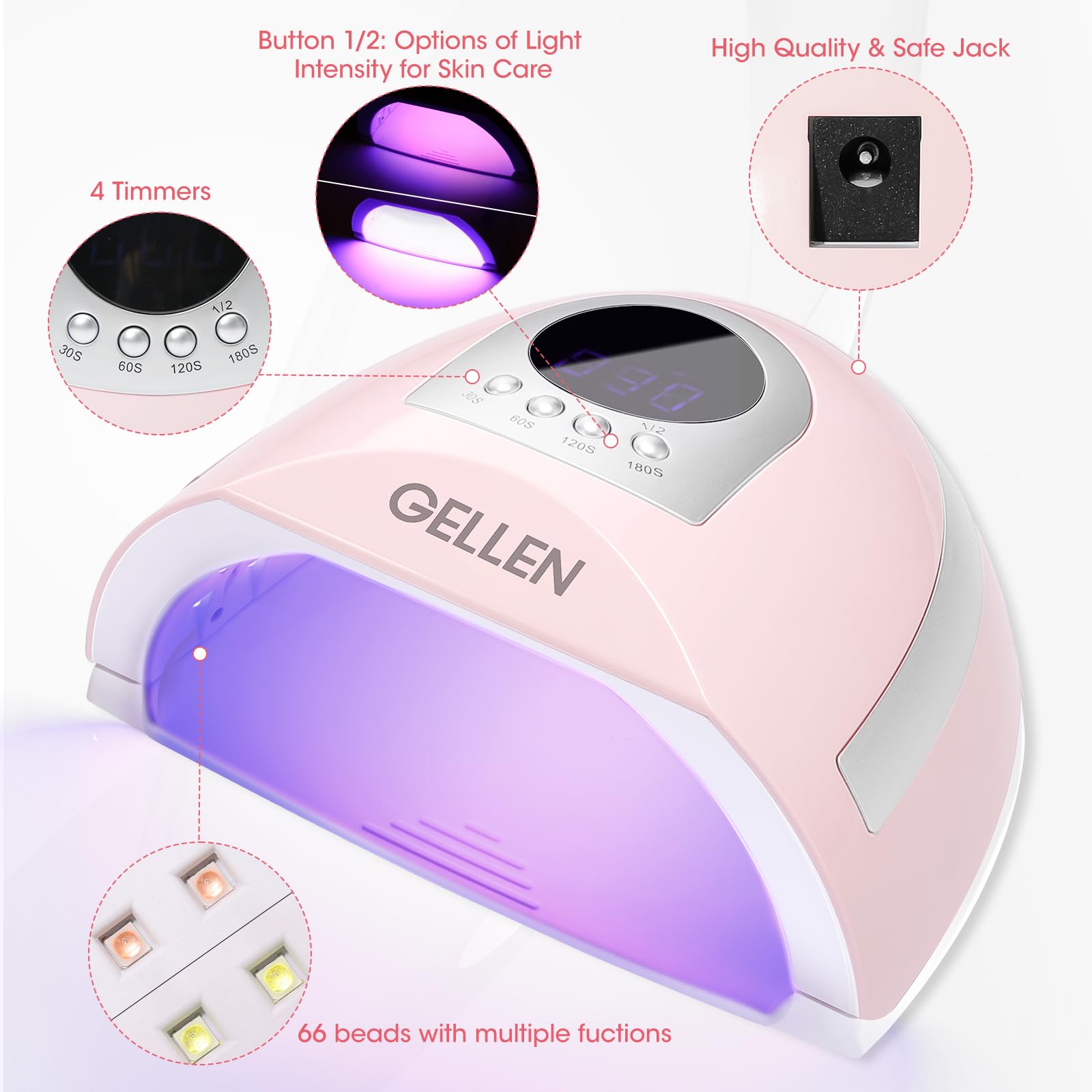 Gellen 268W UV LED Nail Lamp - Professional Fast Curing Light with 4 Timer Settings & 66 LED Beads - Gel & Acrylic Nail Dryer for Home & Salon Manicures - Perfect for DIY Nail Art, Gel Polish Curing, and Professional Nail Services