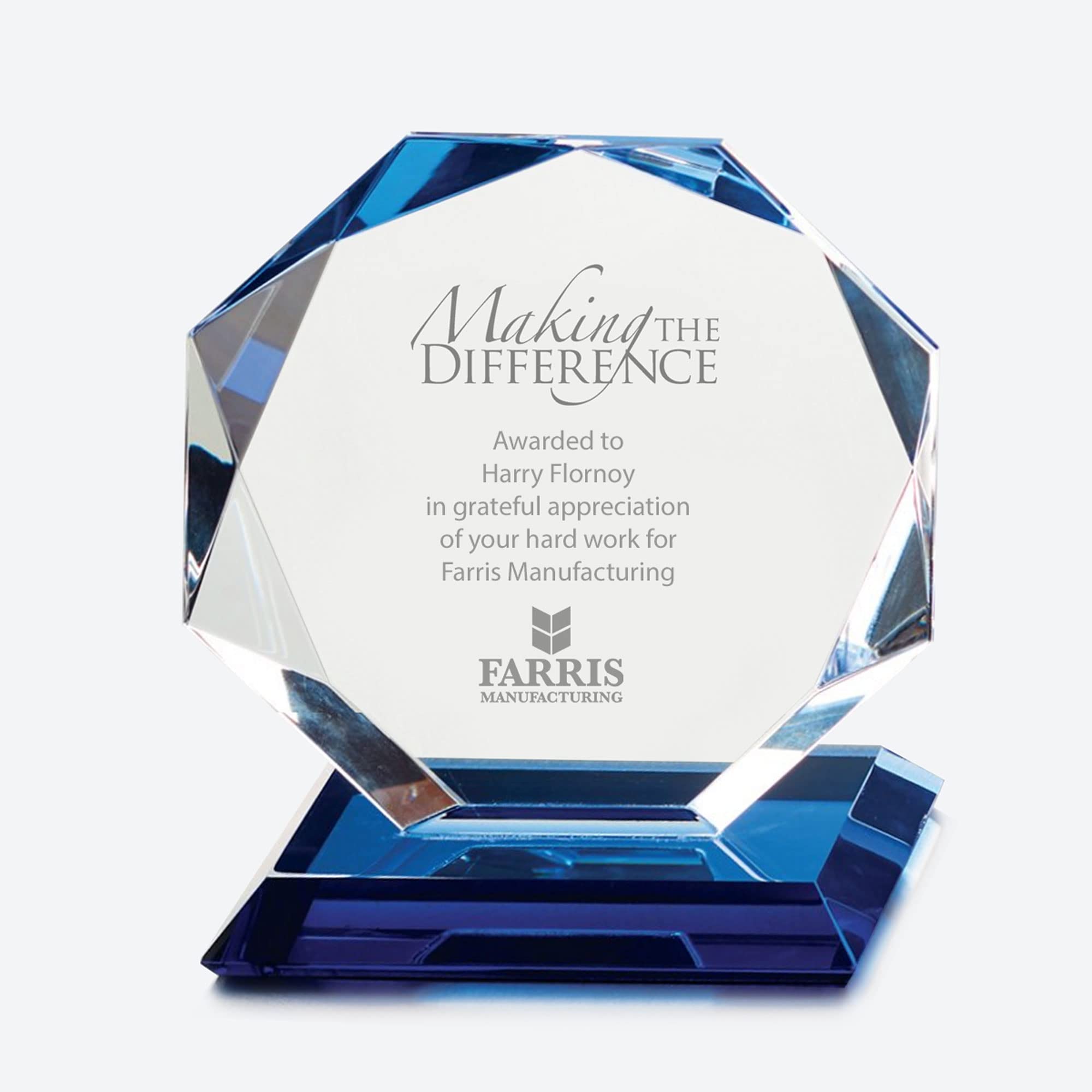 Baudville Custom Engraved Luminary Crystal Trophy Award with Blue Highlights - Elegant Black Gift Box Included - Perfect for Corporate Awards, Employee Recognition & Special Achievements