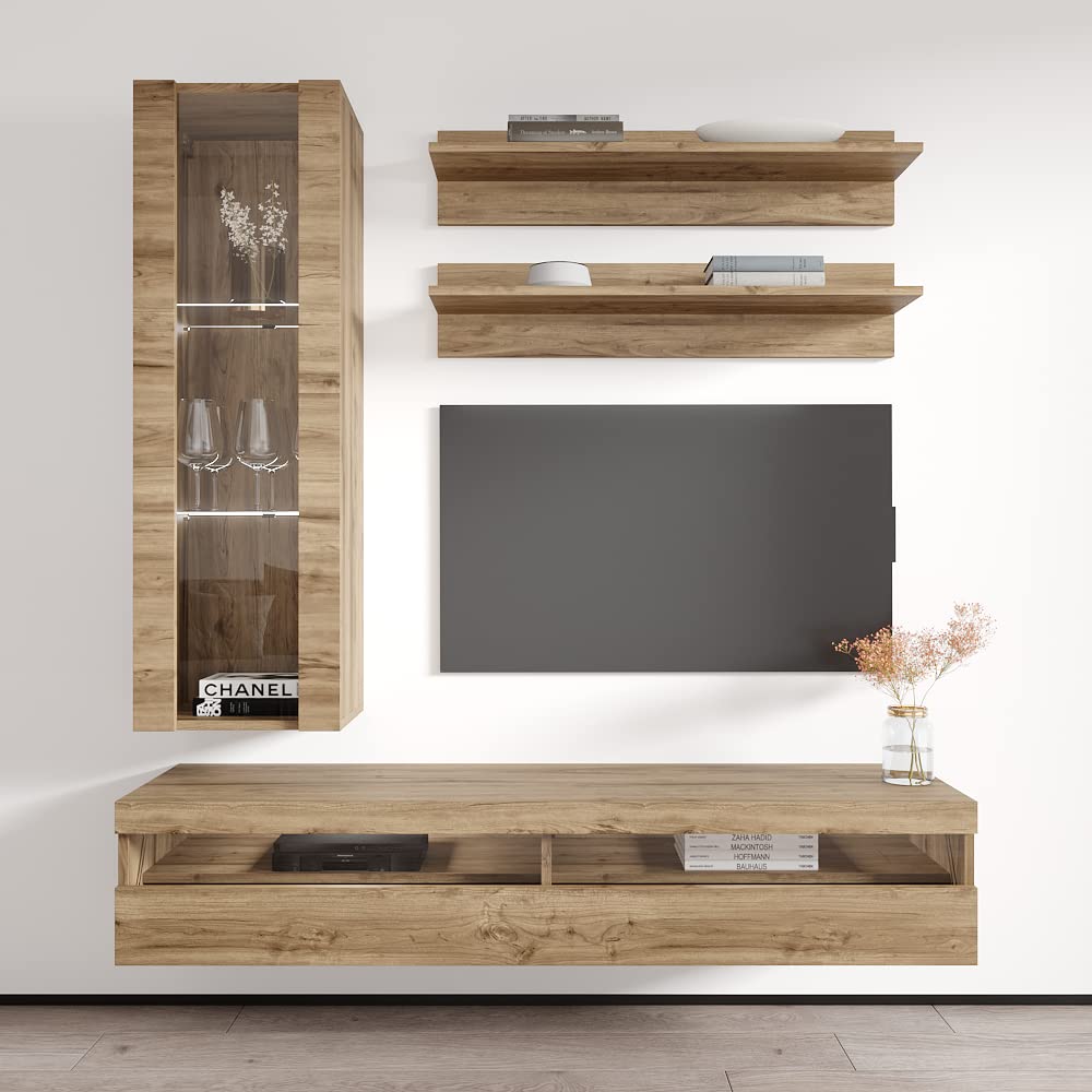 Modern Floating TV Stand with Storage & LED Lights - Wall-Mounted Entertainment Center for Bedroom & Living Room - H2 35TV Console with Shelves in Oak Finish - Perfect for Small Spaces & Home Theater Setup