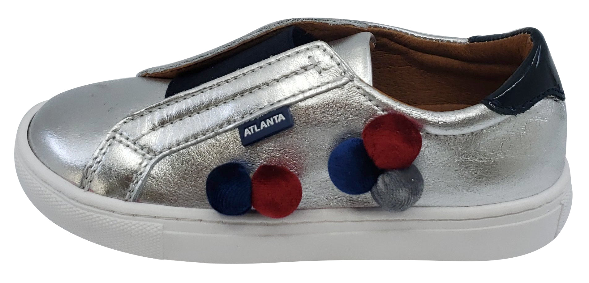 Atlanta Moccasin Girls' Leather Pom Pom Slip-On Shoes - Silver | Comfortable Casual Loafers for School, Playdates & Everyday Wear