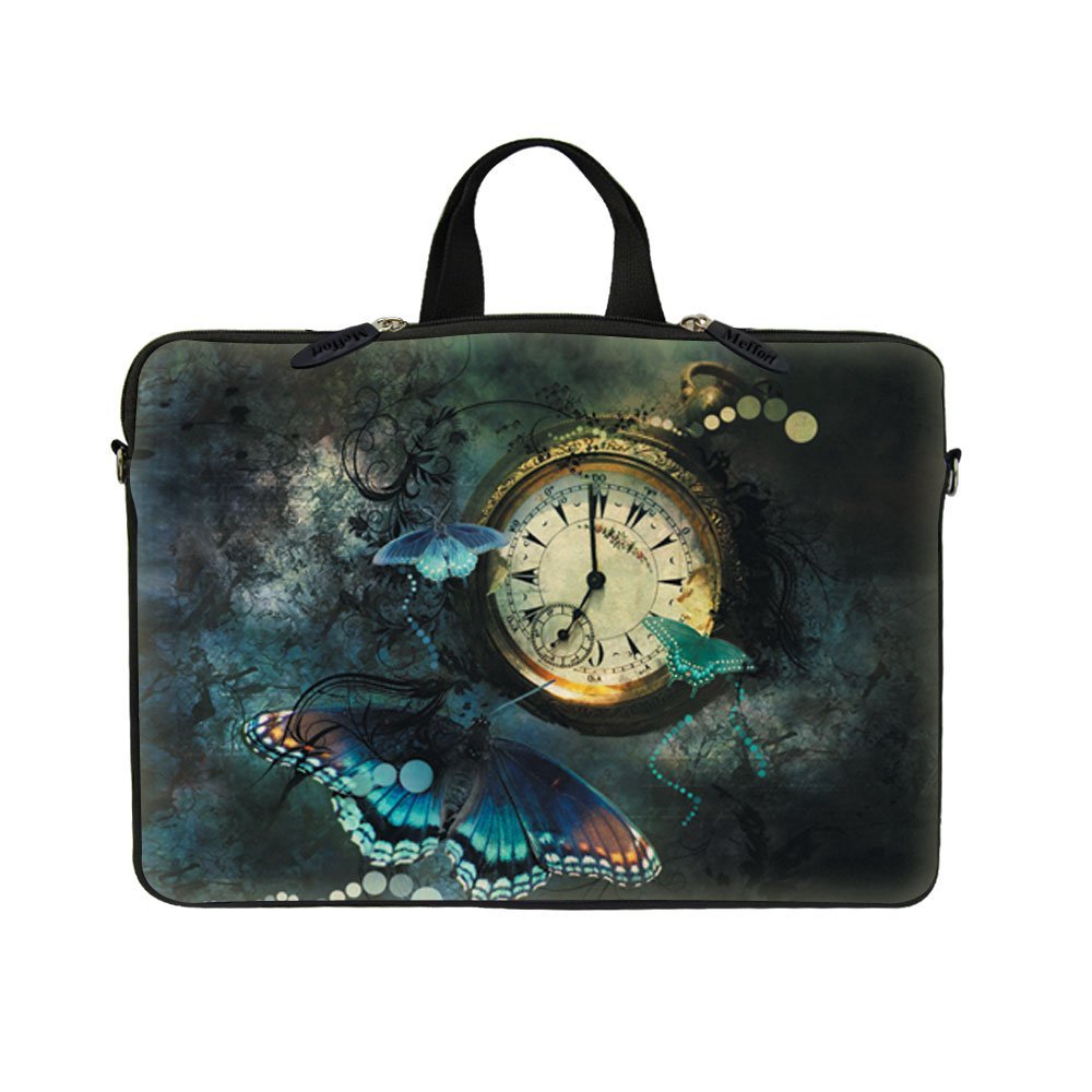 14-14.5 Inch Neoprene Laptop Sleeve Case with Hidden Handle - Compatible with MacBook Air, Ultrabooks & Chromebooks | Protective Computer Bag for Work, School & Travel | Clock Butterfly Design