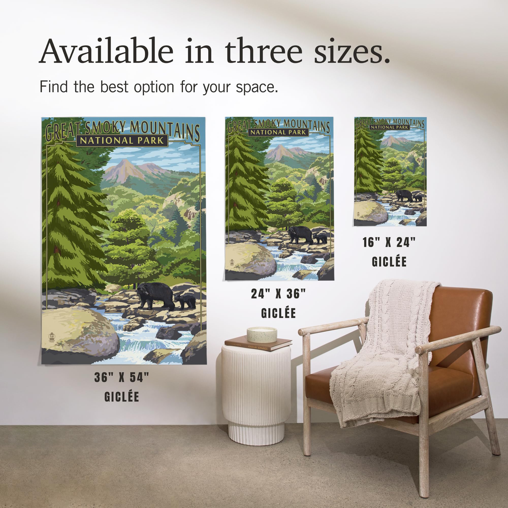 Lantern Press 16x24 Inch Giclee Art Print - Great Smoky Mountains National Park Landscape with Leconte Creek & Bear Family - Premium Wall Decor for Living Room, Bedroom or Office