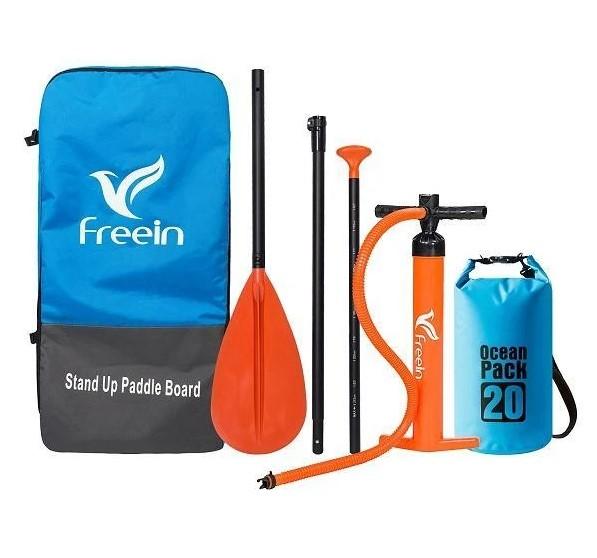 Freein 11' Explorer Inflatable Stand Up Paddle Board with Dual Action Pump & Camera Mount - Light Blue SUP Package for Lakes, Rivers & Ocean Paddling