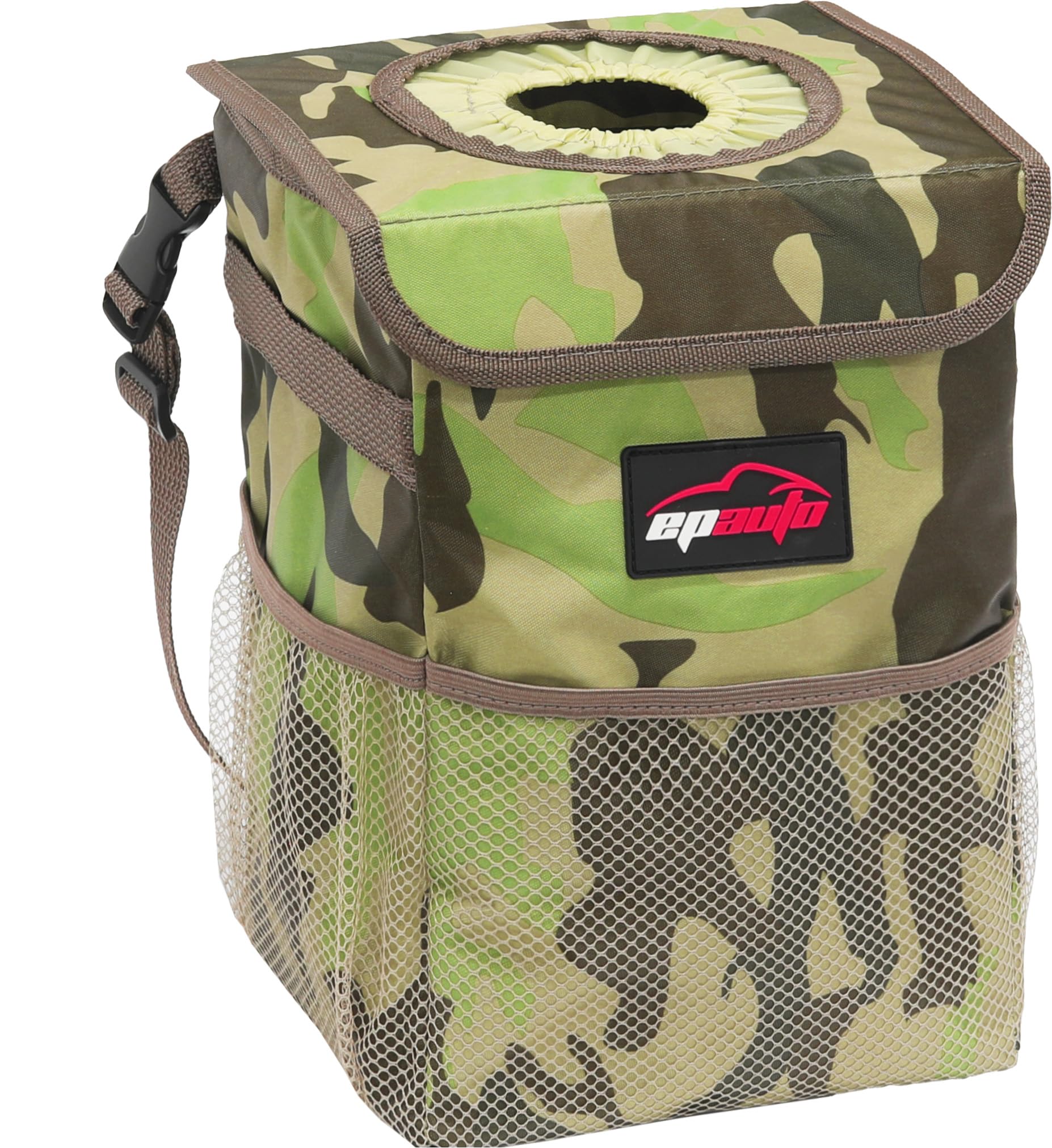 EPAuto Waterproof Car Trash Can with Lid & Storage Pockets - Camouflage Green - Perfect for Road Trips, Camping & Vehicle Organization