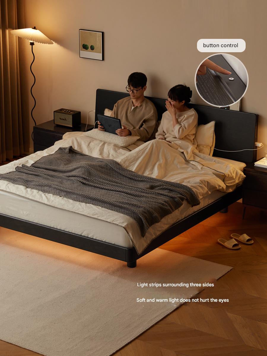 Solid Oak Wood Luminous Floating Bed Frame - Modern Platform Bed with LED Lighting for Bedroom, Guest Room or Dorm