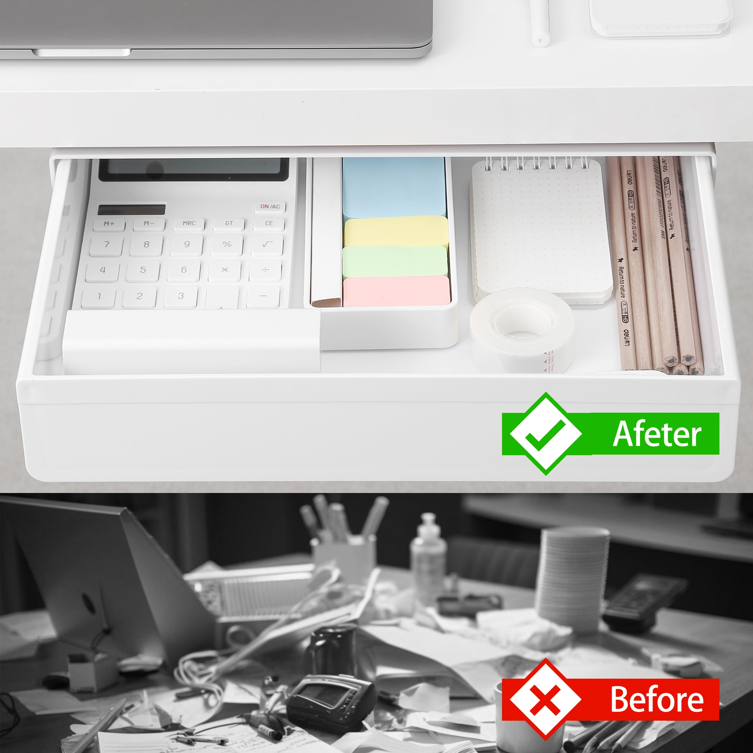 Under Desk Drawer Organizer - Extra Large Hidden Storage Tray for Office & Home Workspace | Slide-Out Pencil Holder & Desktop Organizer with Screw Adhesive Tape | Perfect for Desk Accessories, Stationery & Workspace Organization