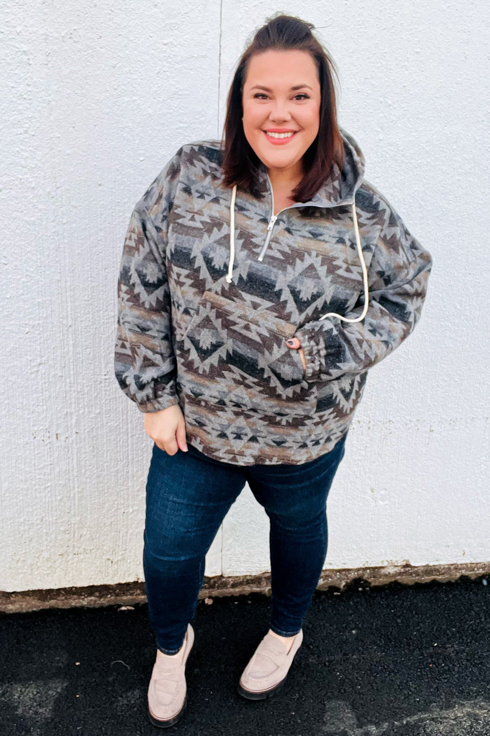 Grey Aztec Half Zip High Neck Hoodie for Men & Women | Warm Winter Pullover Sweatshirt | Outdoor Hiking & Casual Streetwear