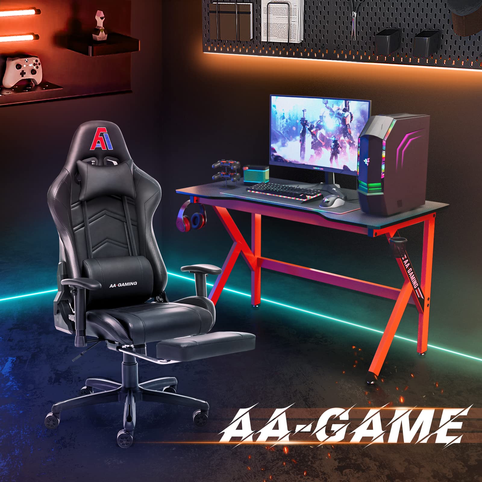 Ergonomic Gaming Chair with High Back, Lumbar Support & Footrest - Adjustable Racing Style Computer Chair for Office & Home Gaming Setup - Black - Perfect for PC Gamers, Streamers & Esports Enthusiasts