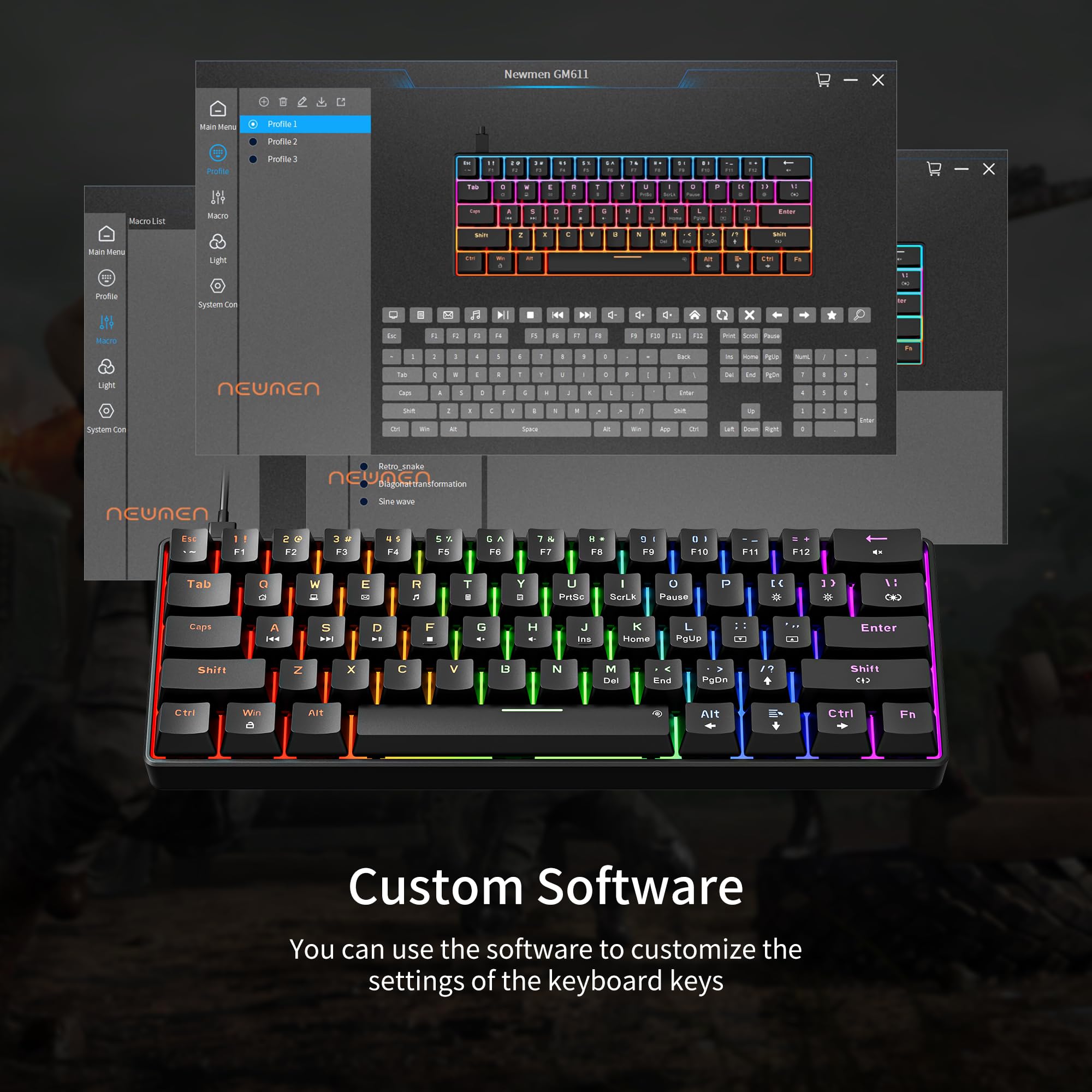 Newmen GM611 60% Mechanical Keyboard - Rainbow LED Backlit, Compact 61 Keys for Gaming & Office (Black/Blue Switch)