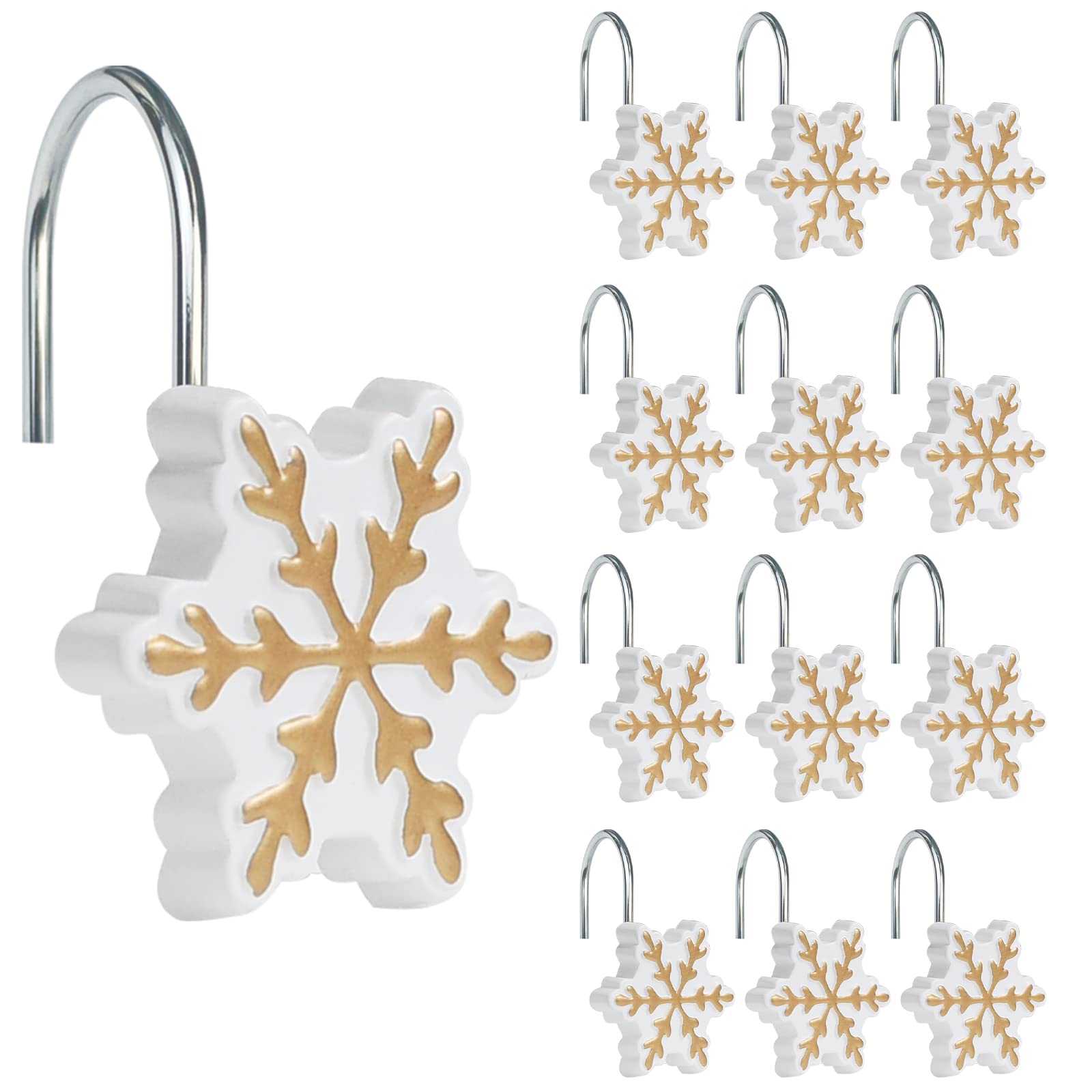 Snowflake Christmas Shower Curtain Hooks - 12 Pack White & Gold Resin Shower Rings for Holiday Bathroom Decor | Perfect for Winter Home Decor, Christmas Gifts & Festive Bathroom Upgrades