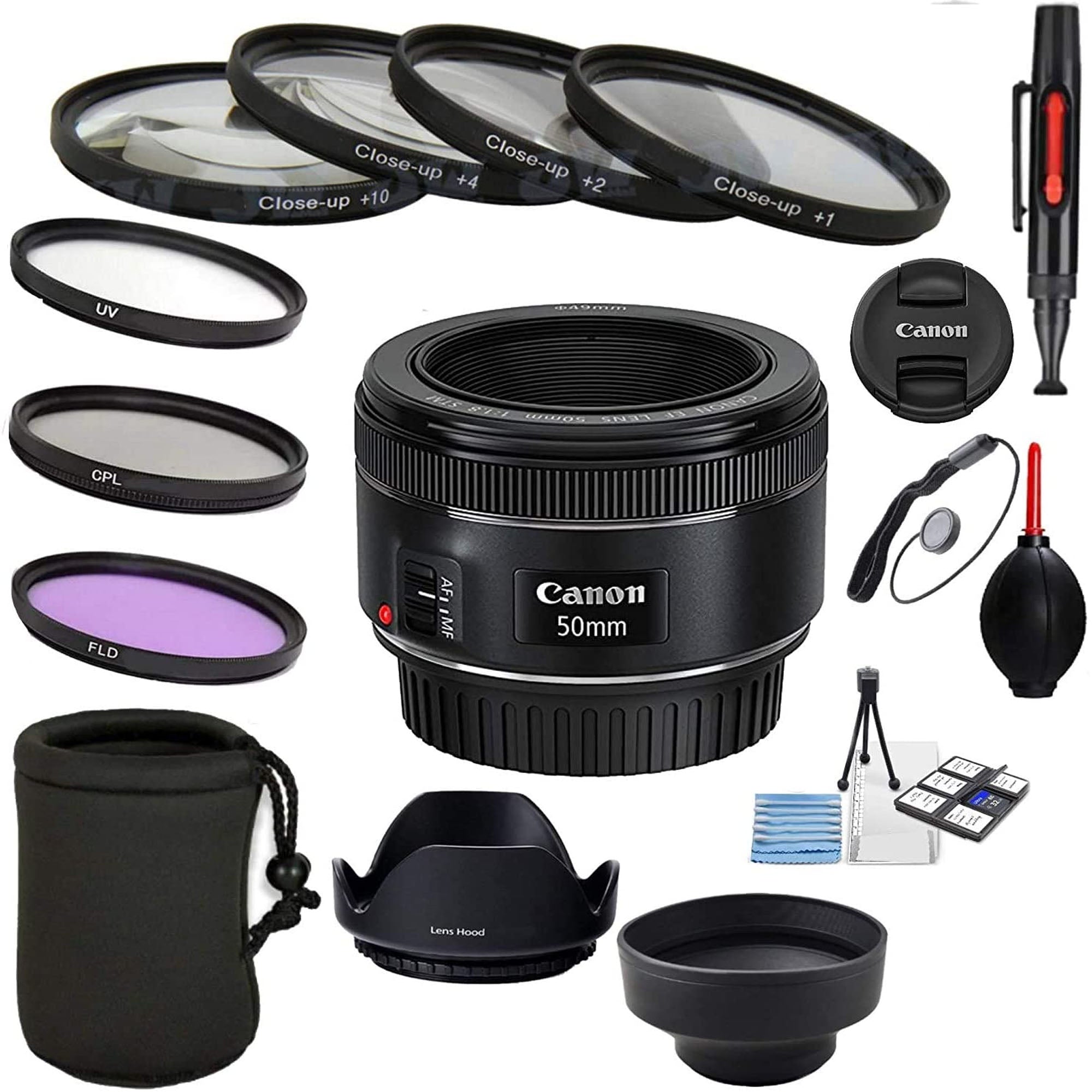 Canon EF 50mm f/1.8 STM Lens Kit with UV/CPL/FLD Filters, Macro Close-Up Kit, Tulip & Collapsible Hoods, Lens Cleaning Pen & Blower - Perfect for Portrait, Street & Low-Light Photography
