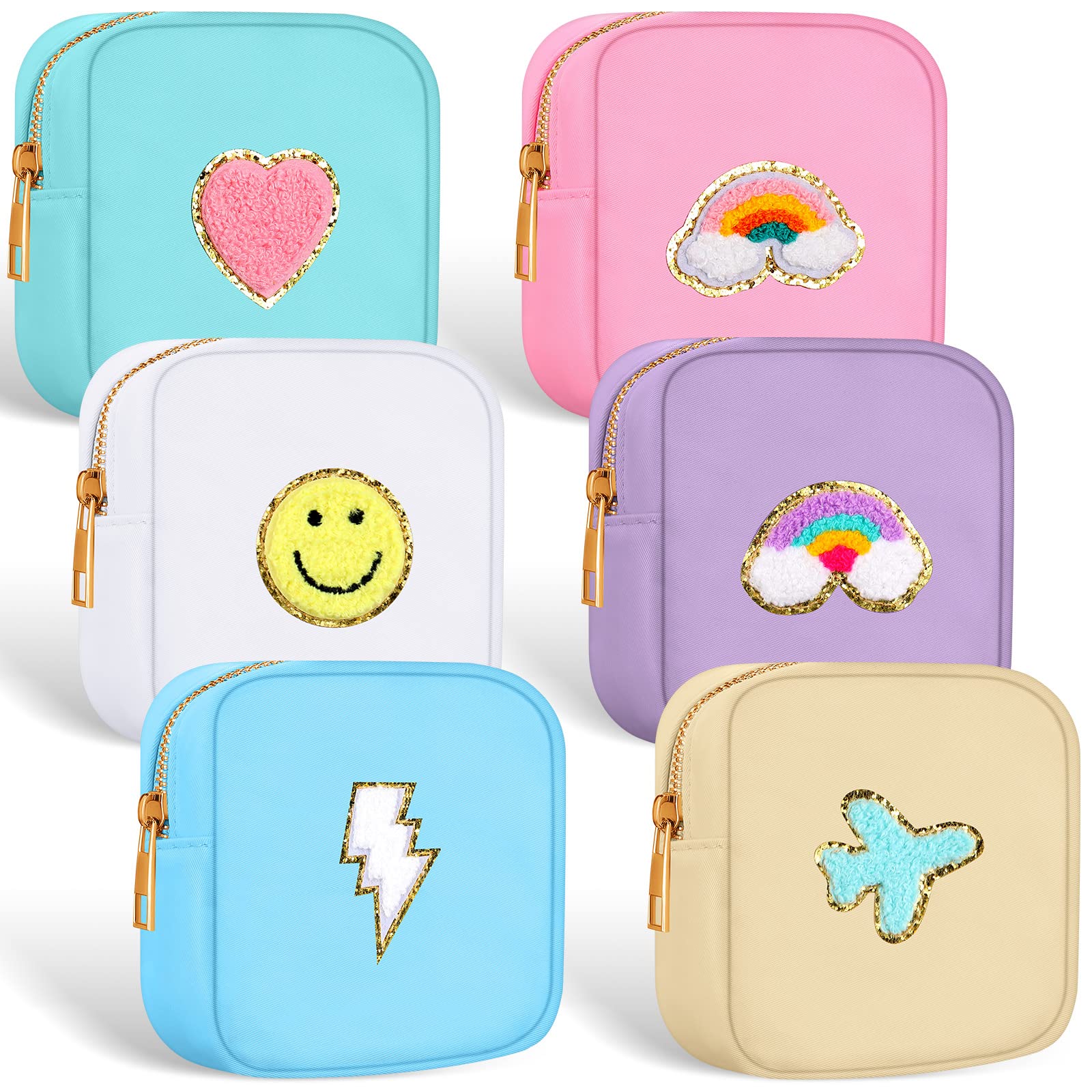 Zubebe 6-Piece Preppy Patch Cute Makeup Bags Set - Waterproof Nylon Toiletry & Skincare Pouches with Chenille Letter Design - Small Zippered Cosmetic Organizer for Purse, Travel, Gym & School Essentials (Pastel Colors)