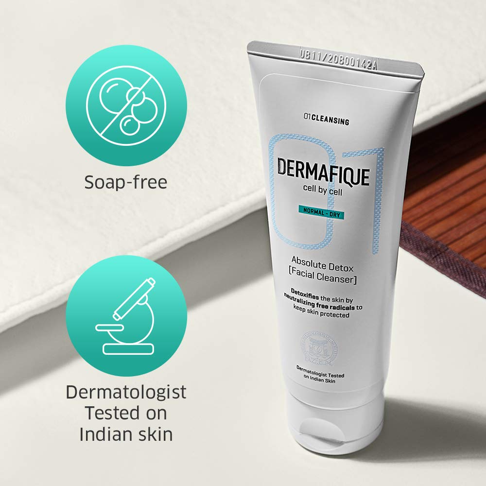 Dermafique Absolute Detox Facial Cleanser 100ml - Vitamin E & Pomegranate Face Wash with Bio-Active Cellulose Beads | Paraben-Free, Alcohol-Free, Soap-Free | Dermatologist Tested for Sensitive Skin | Perfect for Daily Deep Cleansing & Makeup Removal