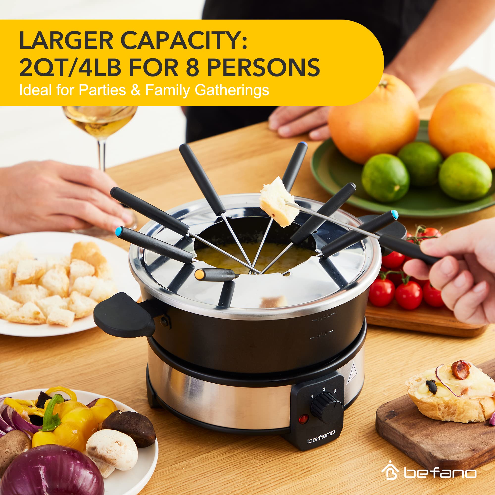 Premium Stainless Steel Fondue Pot Set with Temperature Control - 2-Quart Non-Stick Electric Fondue Maker with 6 Forks, 6 Cups & Stand - Perfect for Chocolate, Cheese, Caramel & Marshmallows - Ideal for Valentine's Day, Parties & Family Gatherings